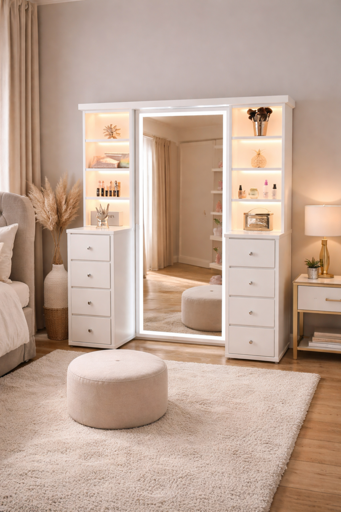 מראה עם תאורת LED ומגירות איפור – רהיט מעוצב לחדר שינה או חדר נערה-דגם ברבי