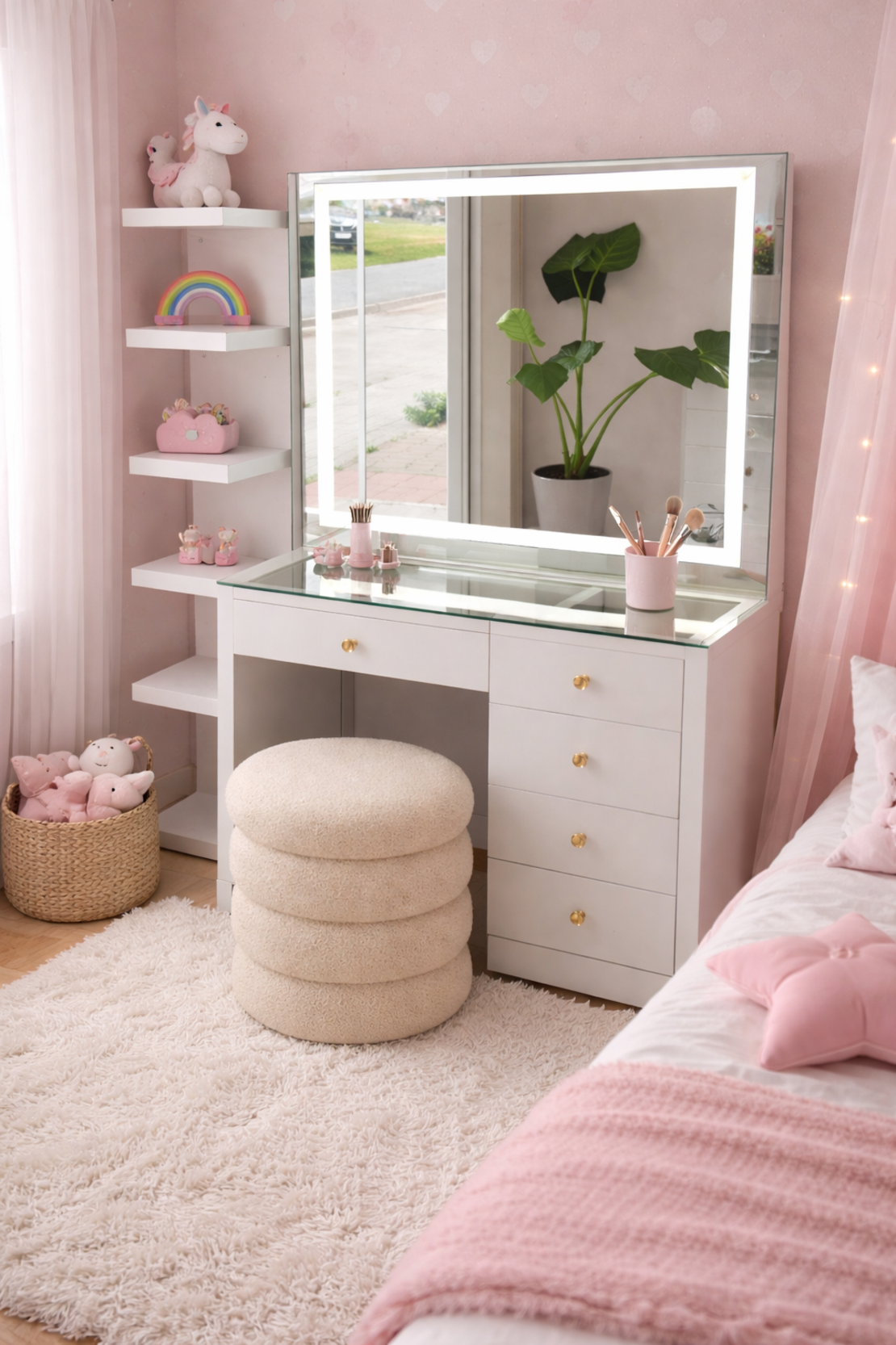 שידת איפור עם מראה ותאורת LED היקפית – כולל הדום לבן-דגם שיה