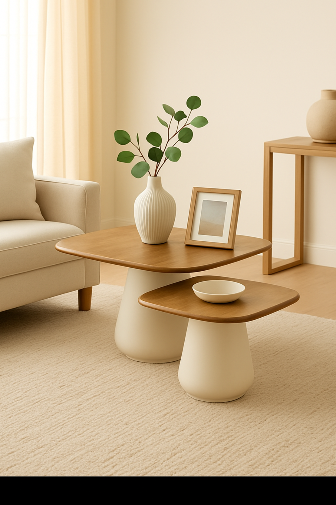 סט שולחנות סלון אורגניים מעץ מנגו – עיצוב מודרני בצבע טבעי