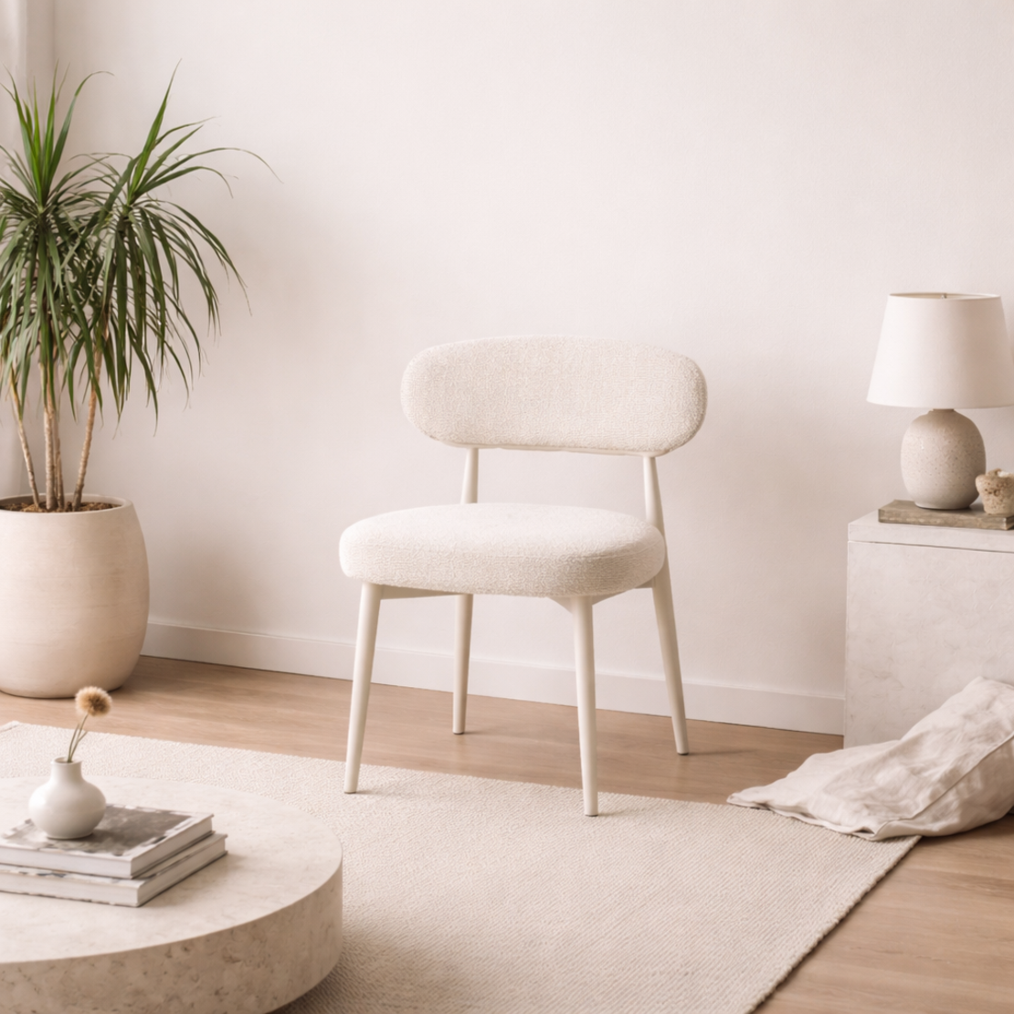 כיסא אוכל מעוצב – בד בוקלה בגוון שמנת