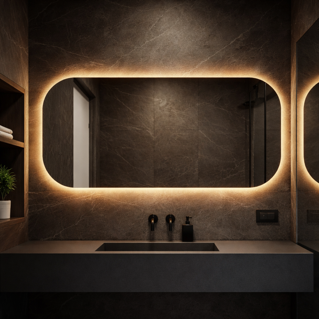 מראה מלבנית מעוגלת עם תאורת LED היקפית