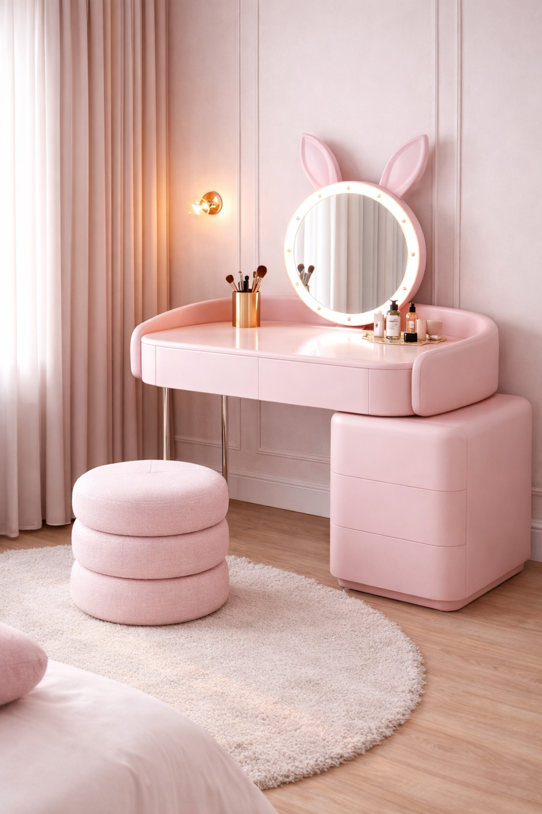 שידת איפור מעוצבת עם מראה וכיסא בצבע ורוד דגם ברבי (- הזמנה מוקדמת)