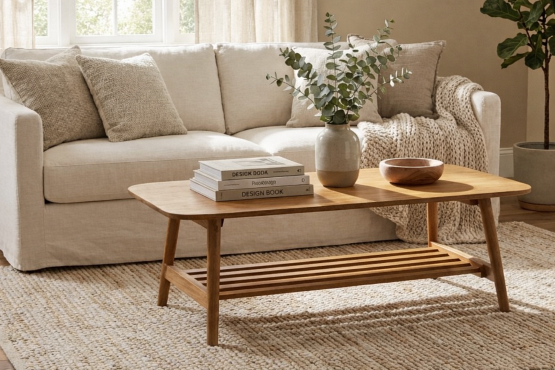 שולחן סלון מעץ מלא דגם 1096 בעיצוב מודרני טבעי עם מדף תחתון