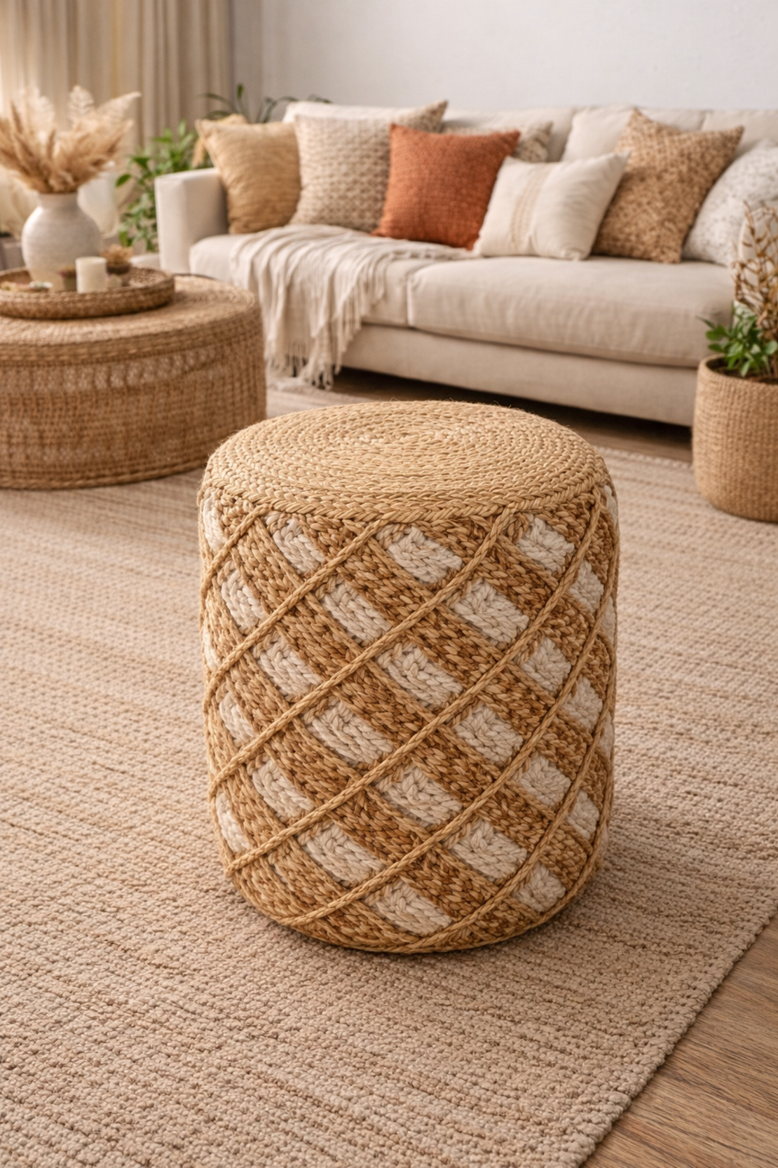 הדום ישיבה עגול מראטן וחבל – עיצוב טבעי בסגנון בוהו