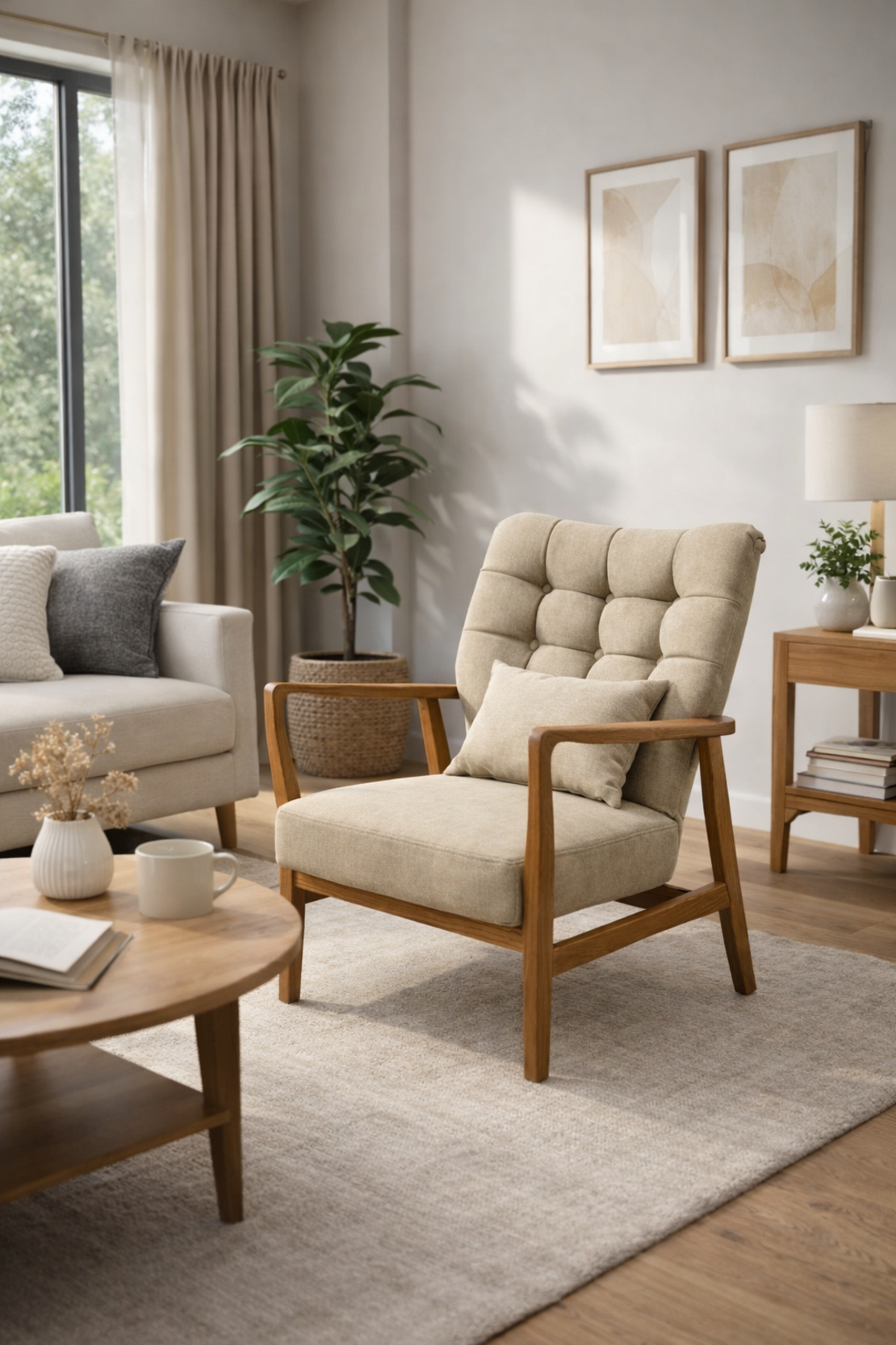 כורסא מעוצבת דגם לולה – בד בז’ עם שלדת עץ מלא