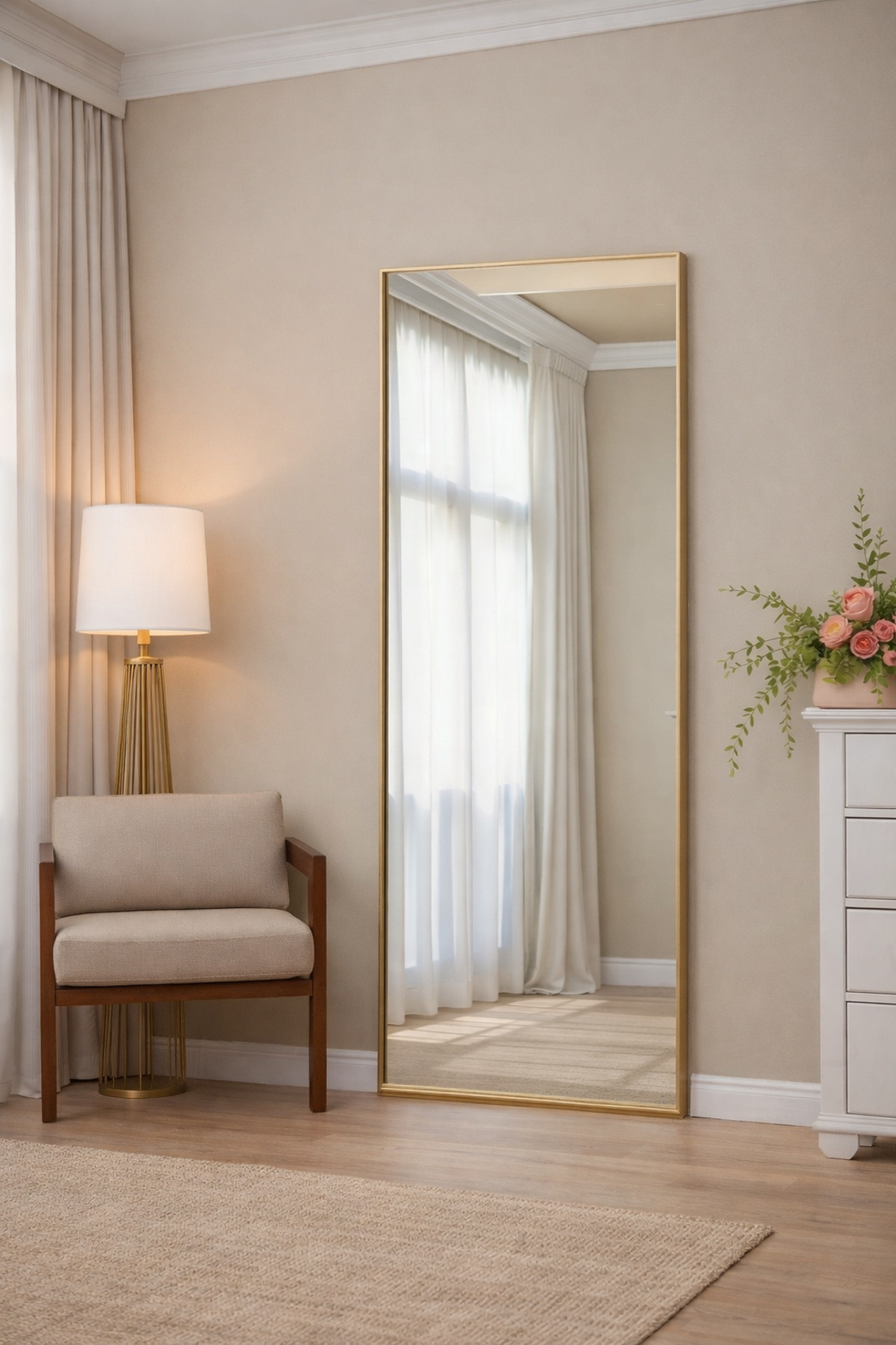 מראה רצפתית דקה עם מסגרת זהב – עיצוב אלגנטי