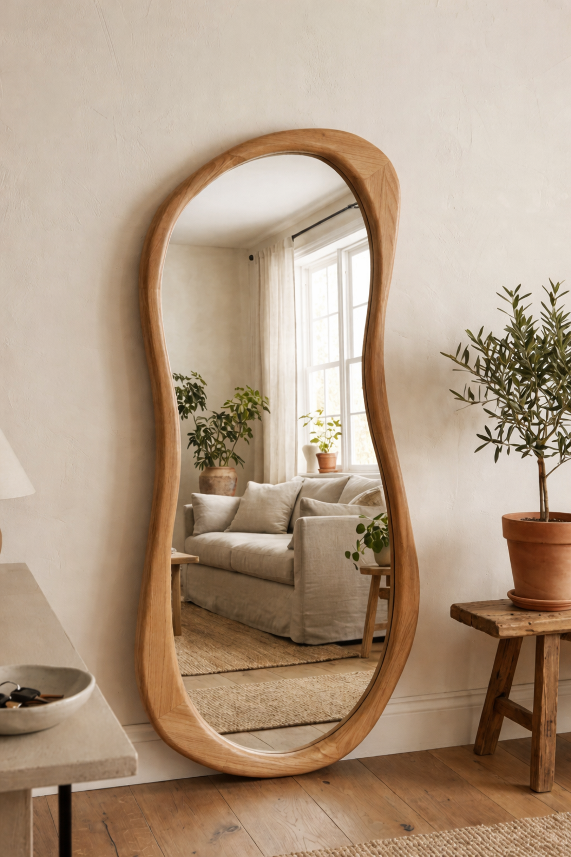 🪞 מראה אמורפית עומדת דגם 4435 – מסגרת עץ אלון טבעי