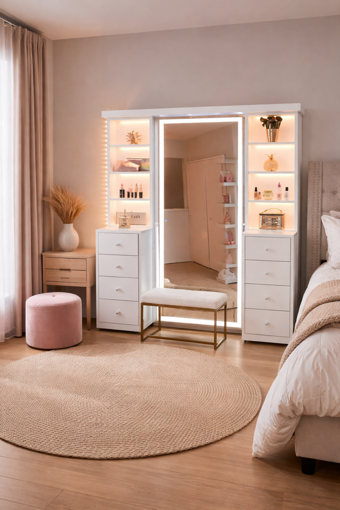 מראה עם תאורת LED ומגירות איפור – רהיט מעוצב לחדר שינה או חדר נערה-דגם ברבי