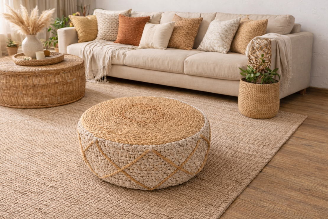 פוף ישיבה מעוצב מראטן וחבל – סטייל טבעי וחמים