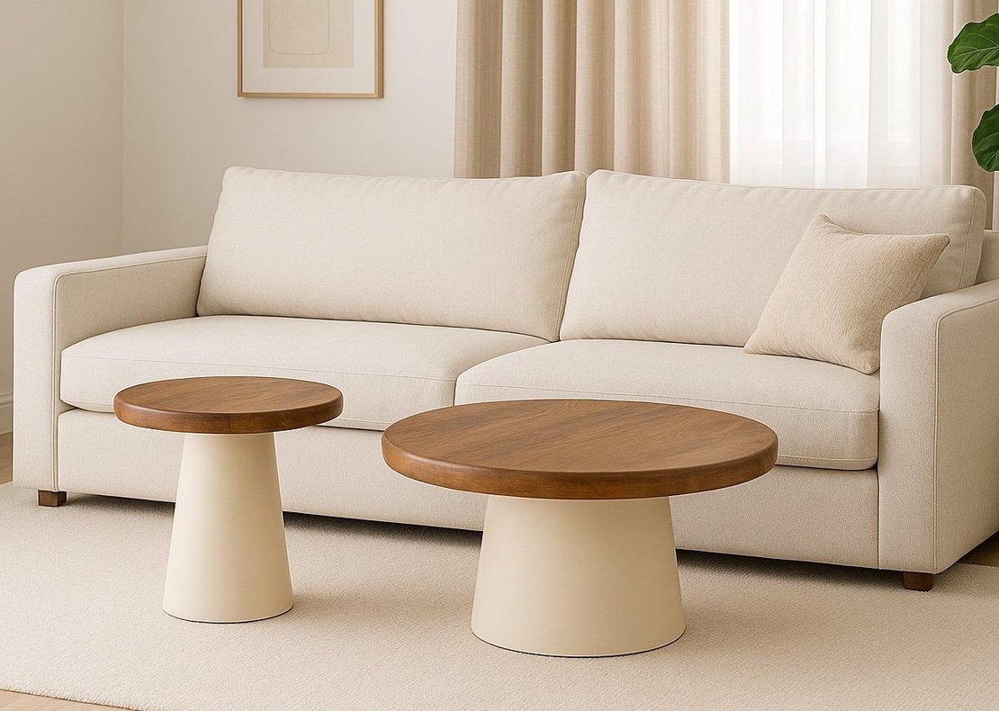 סט 2 שולחנות סלון עגולים – עץ טבעי בשילוב בסיס בהיר