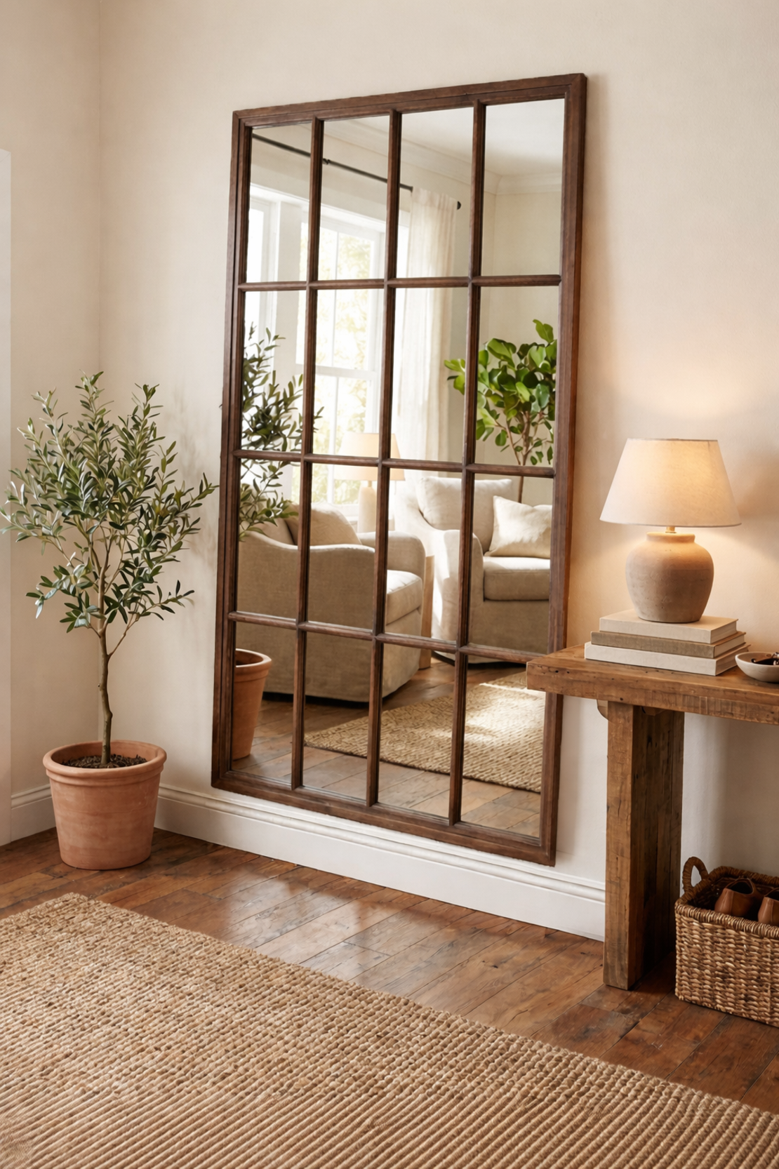 🪞 מראה עומדת בסגנון חלון כפרי – מסגרת עץ טבעי