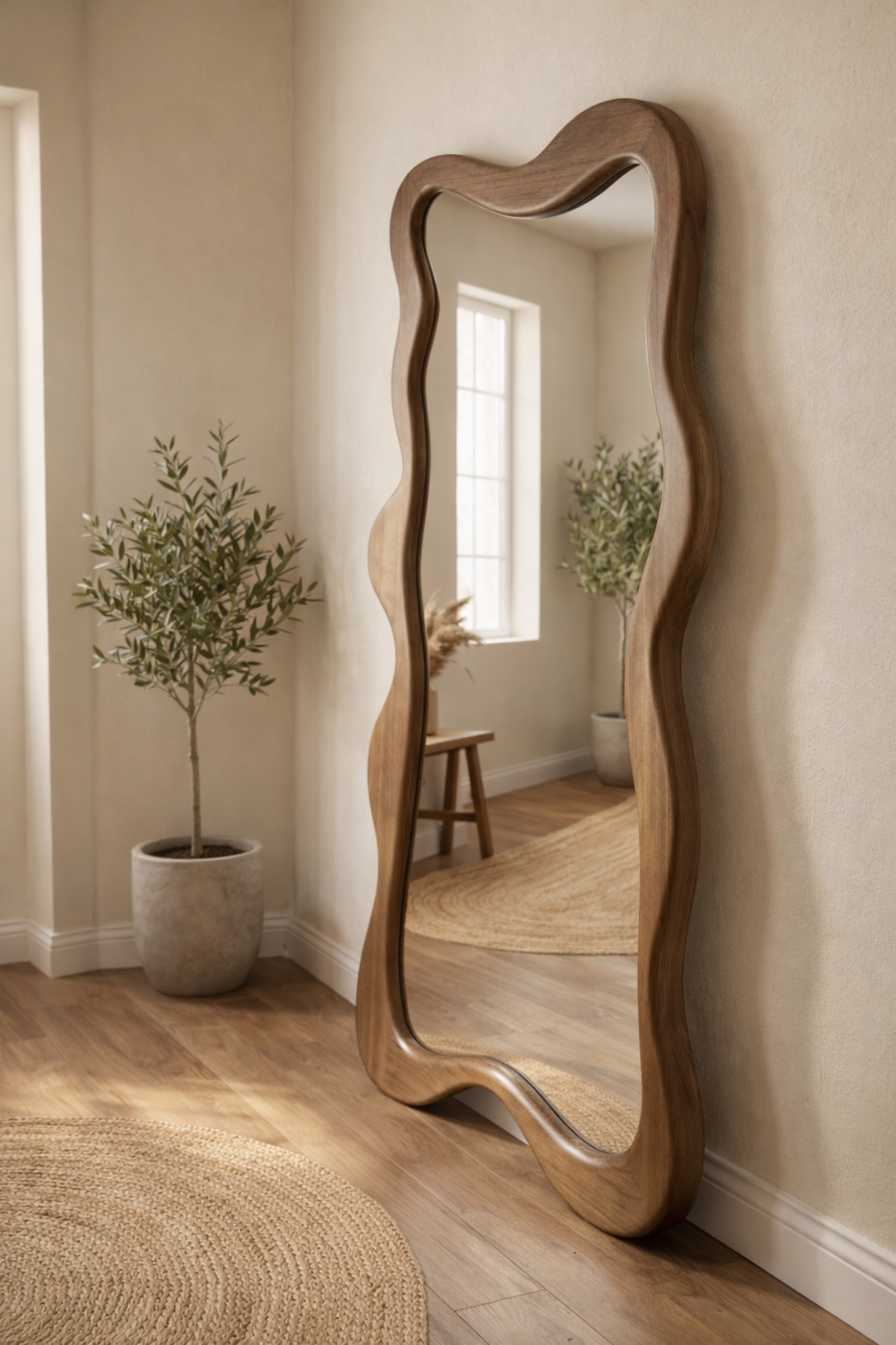מראת גוף מעוצבת מעץ אגוז מלא – מסגרת גלים אורגנית