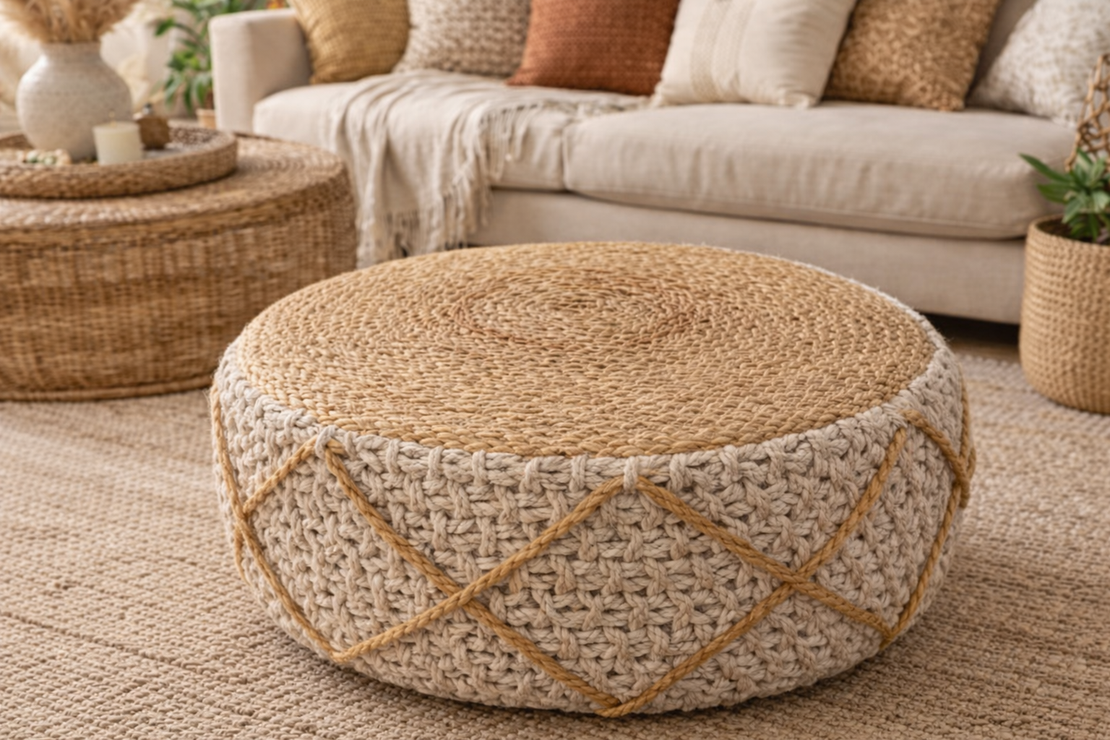 פוף ישיבה מעוצב מראטן וחבל – סטייל טבעי וחמים