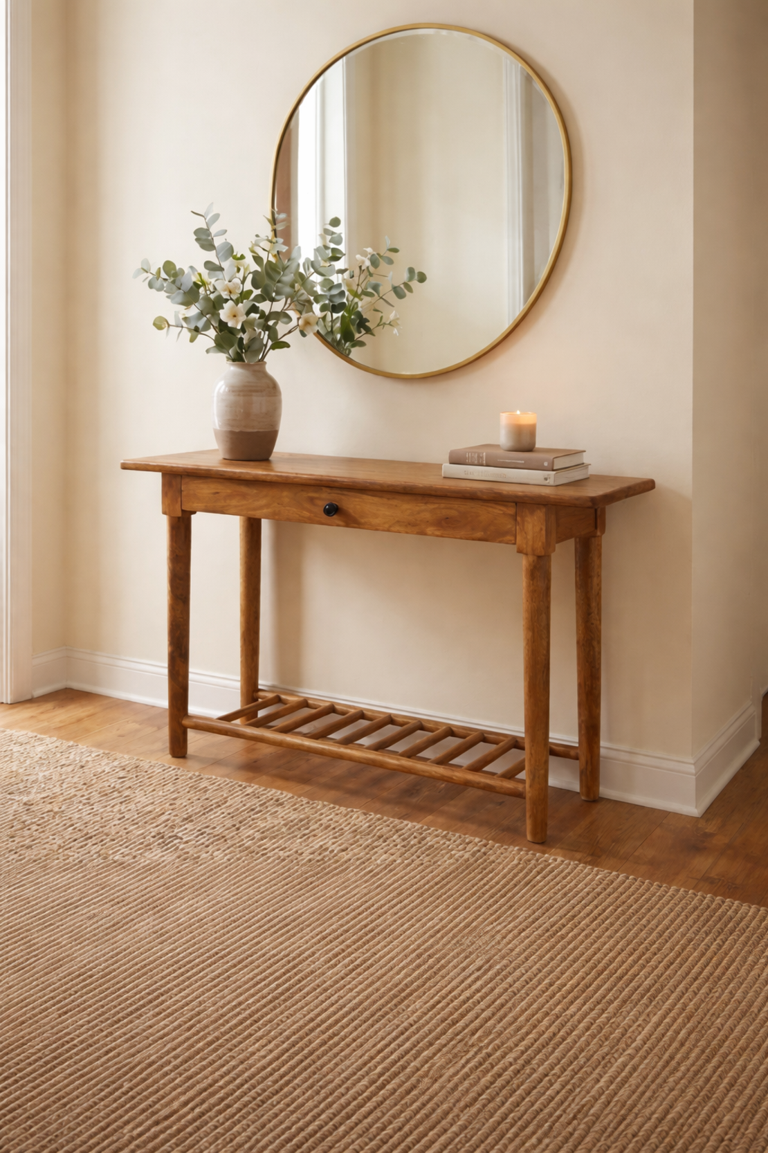 קונסולה מעץ מנגו טבעי עם מגירה ומדף תחתון