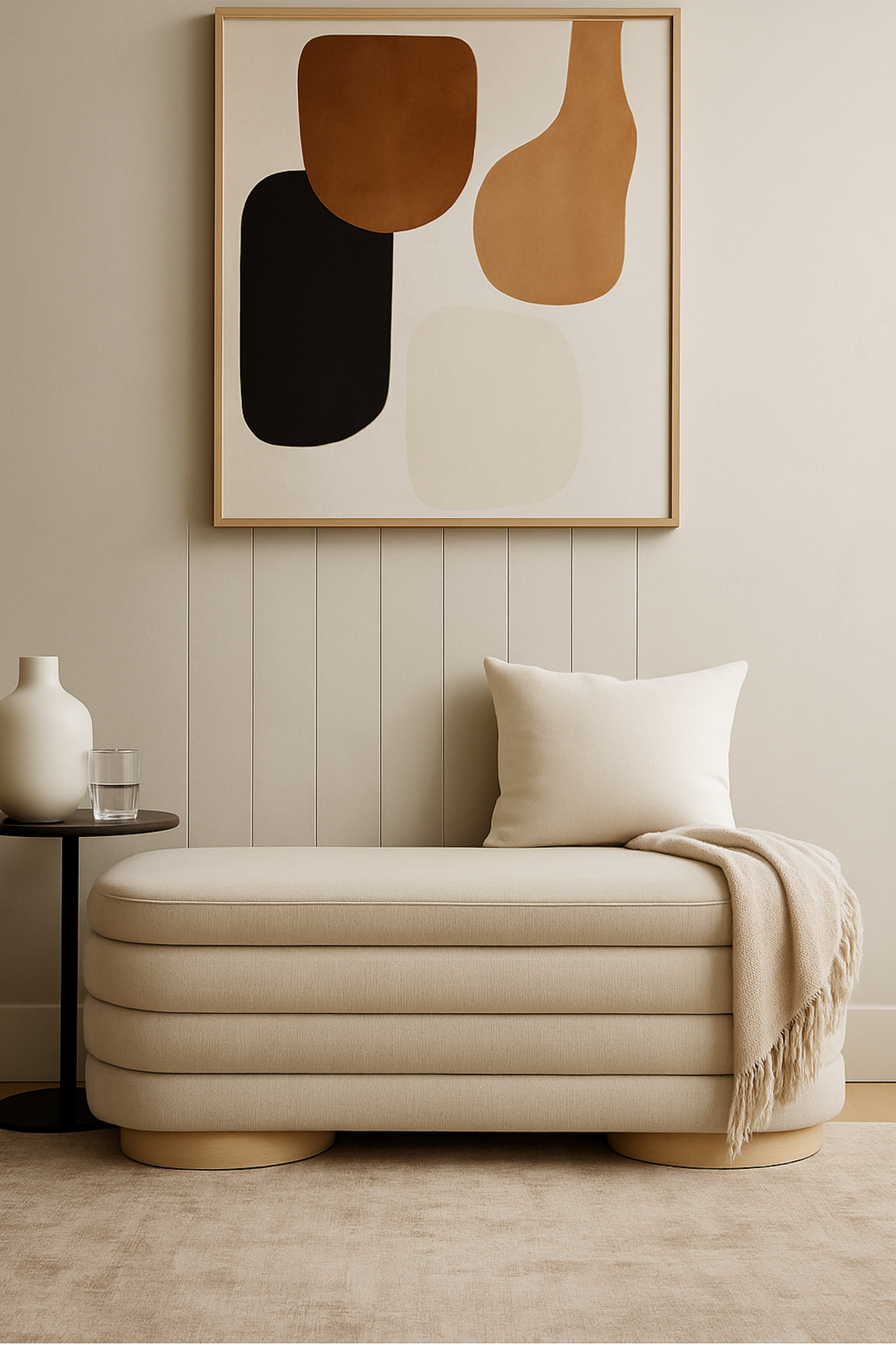 ספסל בד בוקלה בעיצוב מודרני בגוון שמנת