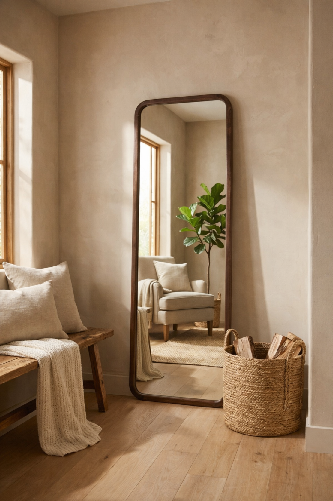 מראה עומדת מלבנית מעץ טבעי – עיצוב מודרני חמים-7754