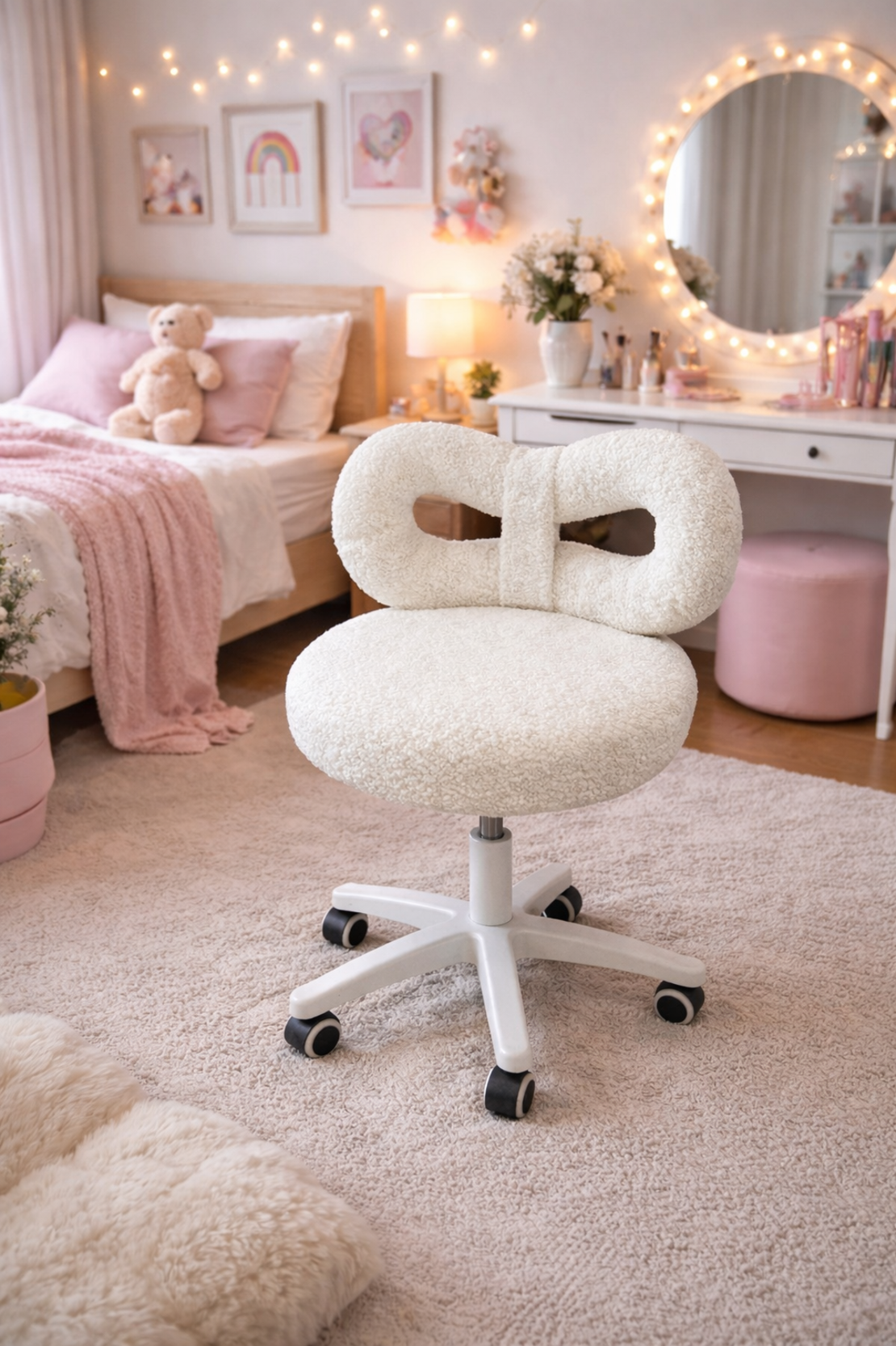 כיסא משרדי/איפור מעוצב בבד בוקלה (Bouclé) לבן