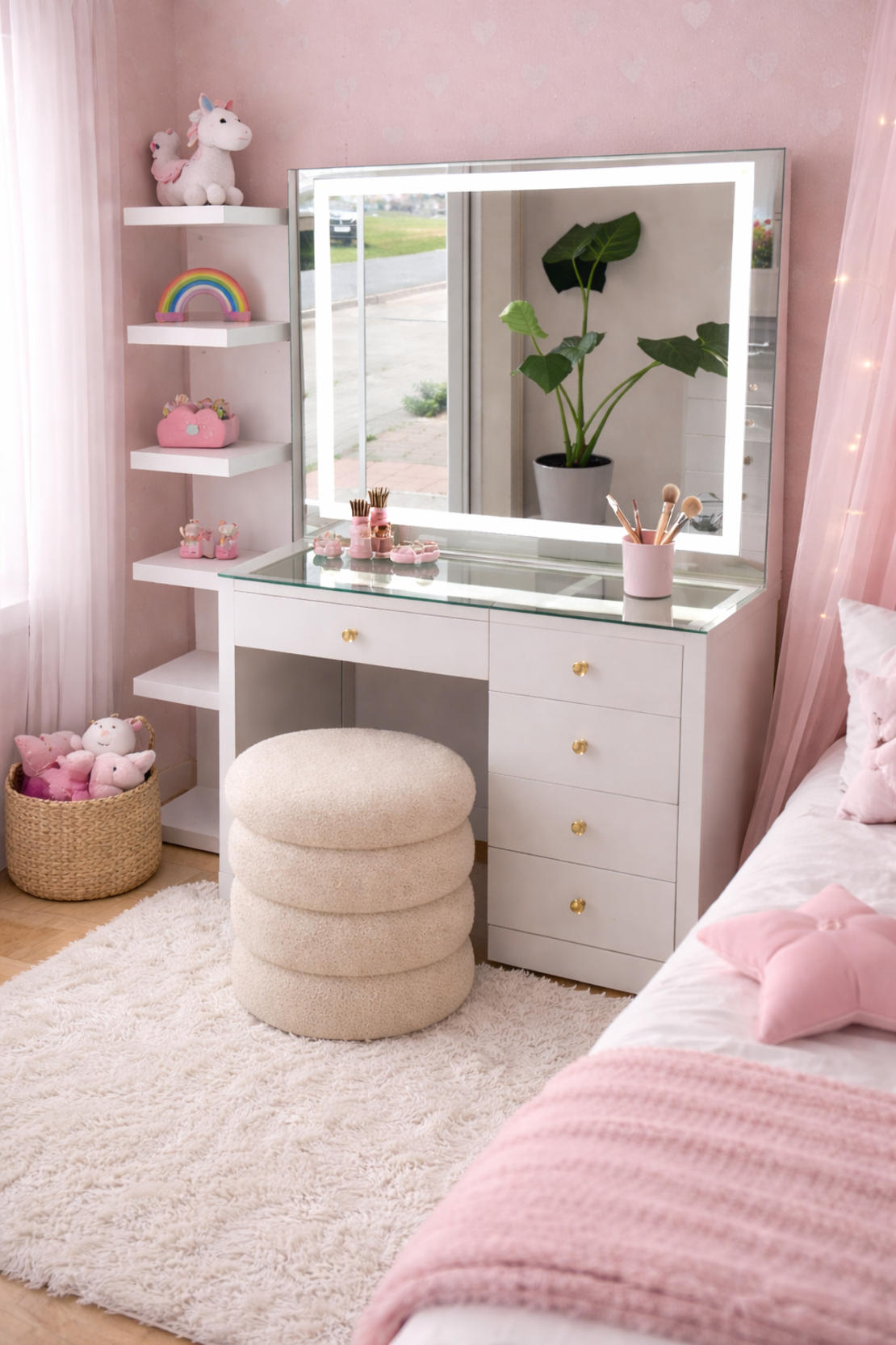 שידת איפור עם מראה ותאורת LED היקפית – כולל הדום לבן-דגם שיה