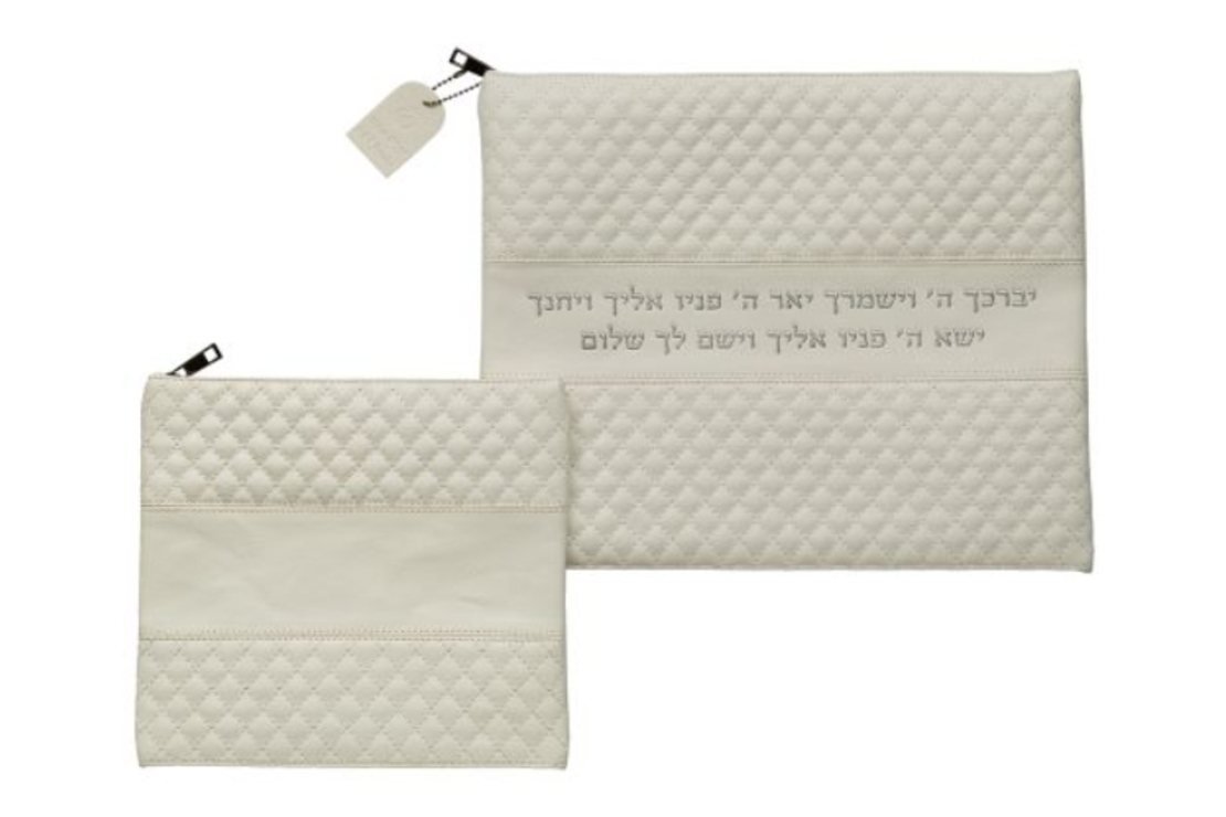 כיסויי טלית תפילין דמוי עור לבן אותיות בולטות כסופות 