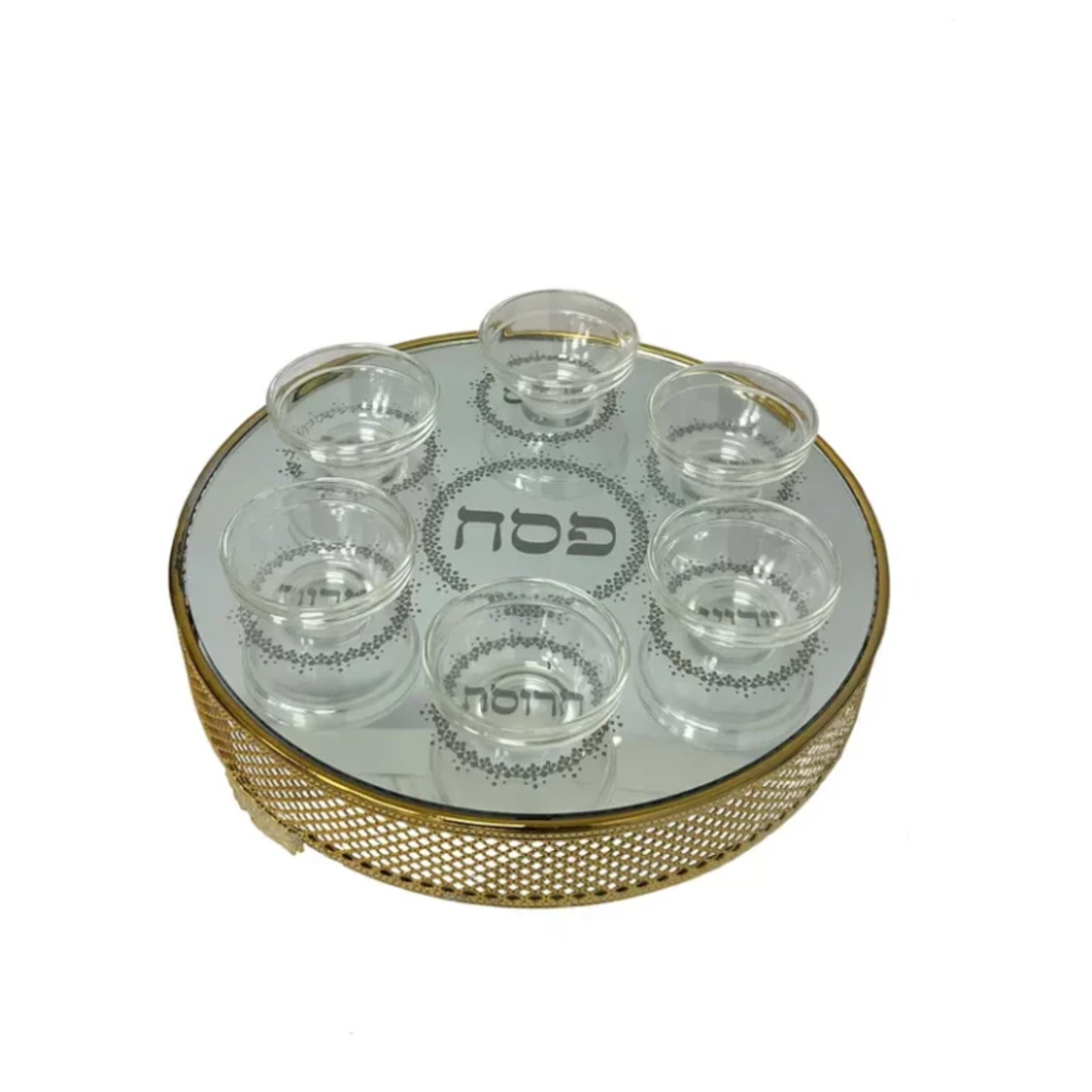 צלחת סדר מראה/רשת זהב ק.30 כולל 6 קעריות זכוכית ק.7.5 ס