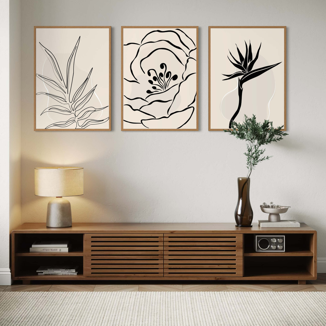 סט תמונות קו בוטני מינימליסטי בשחור לבן לעיצוב סלון מודרני