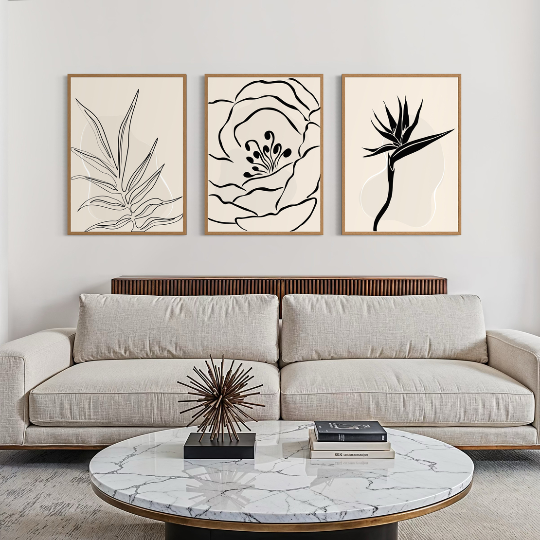 סט תמונות קו בוטני מינימליסטי בשחור לבן לעיצוב סלון מודרני