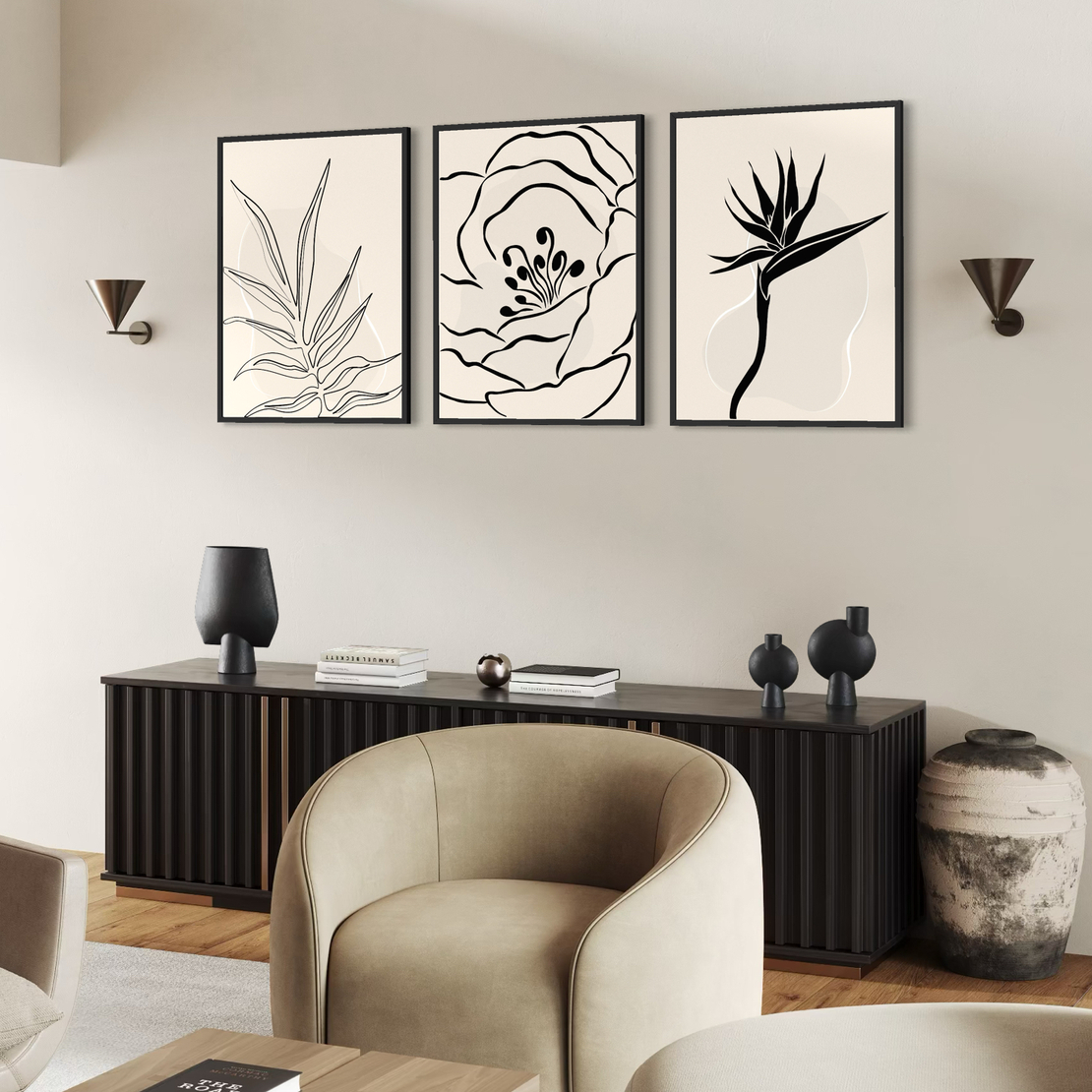 סט תמונות קו בוטני מינימליסטי בשחור לבן לעיצוב סלון מודרני