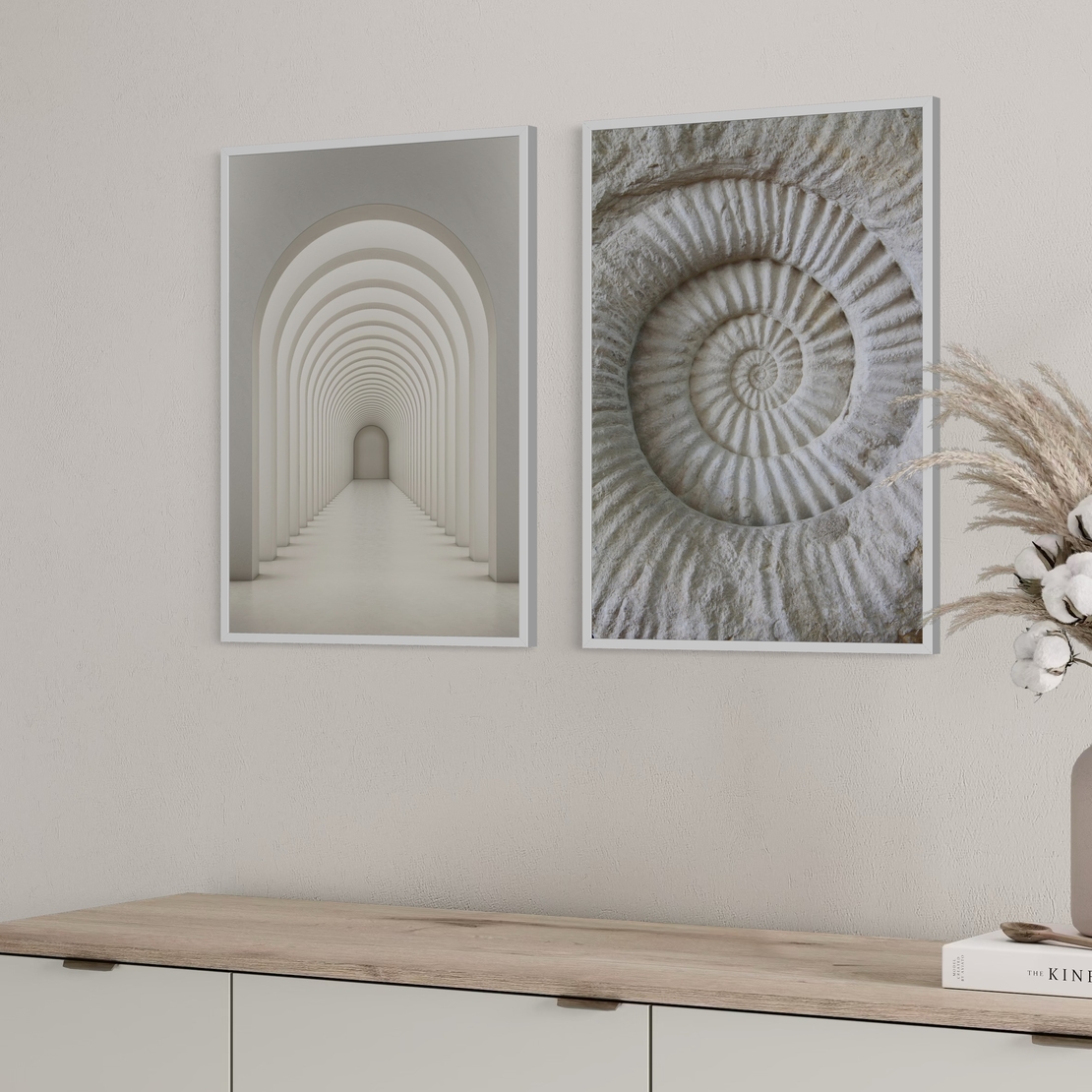 סט תמונות מינימליסטי בגווני בז עם קשתות אדריכליות וספירלה טבעית