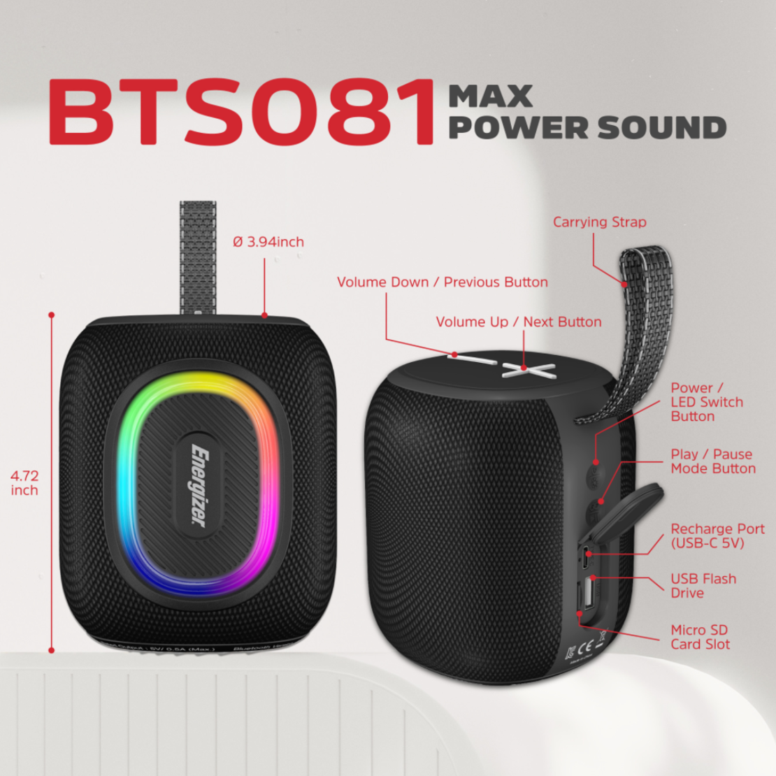 רמקול נייד אלחוטי משולב סוללת גיבוי עם חיבור USB אנרג'ייזר Energizer MAX BTS081 - יבואן רשמי