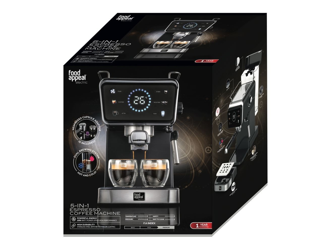מכונת קפה אספרסו 5 ב-1 1350W קפה טחון \ קפסולות נספרסו NESPRESSO פוד אפיל Food appeal - יבואן רשמי