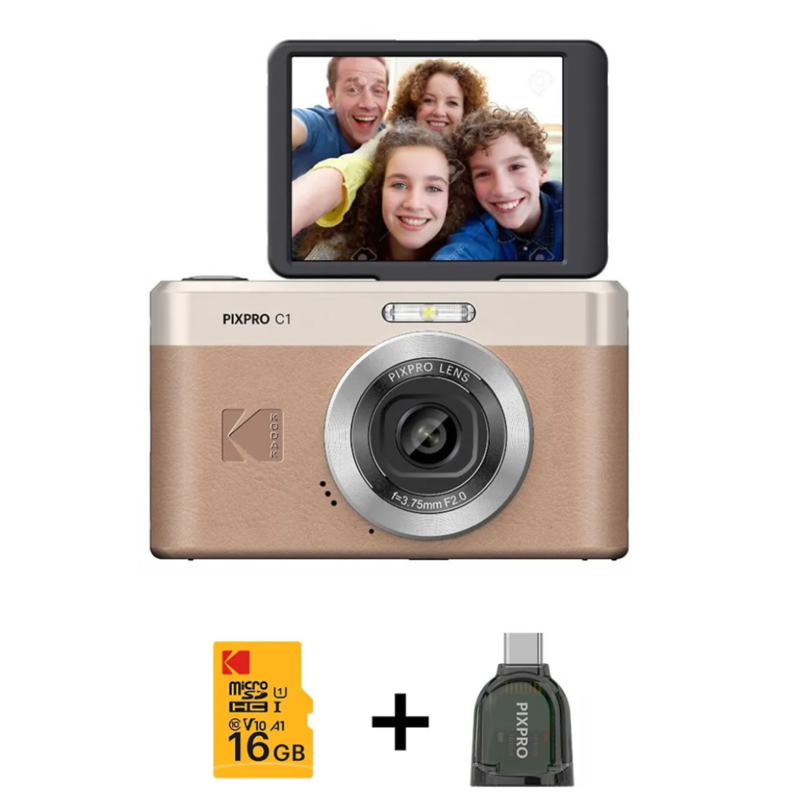 מצלמה דיגיטלית נטענת עם מסך מתהפך קודאק KODAK PIXPRO C1 - כולל כרטיס זיכרון 16GB וקורא כרטיס TYPE-C -  צבע חום