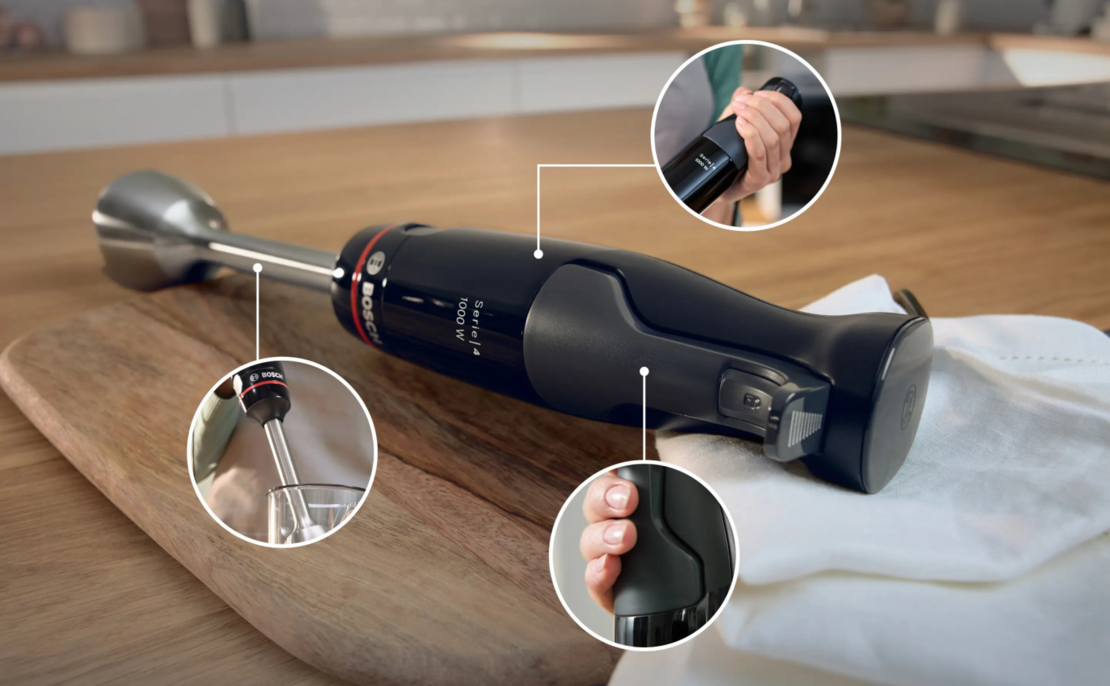 בלנדר מוט 1000W כולל מיכל קוצץ ומוט נירוסטה בוש BOSCH ErgoMaster Series 4 MSM4B654 - שנתיים אחריות יבואן רשמי - צבע שחור
