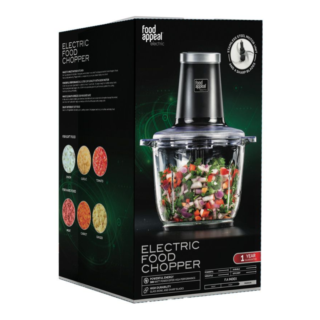 קוצץ ירקות חשמלי עוצמתי במיוחד 500W בעל מיכל זכוכית 2 ליטר פוד אפיל Food Appeal - יבואן רשמי
