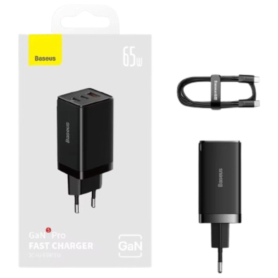 מטען קיר מהיר 2C+U 65W (כולל כבל C ל-C עד 100W) Baseus Gan5 Pro Fast Charger - יבואן רשמי!