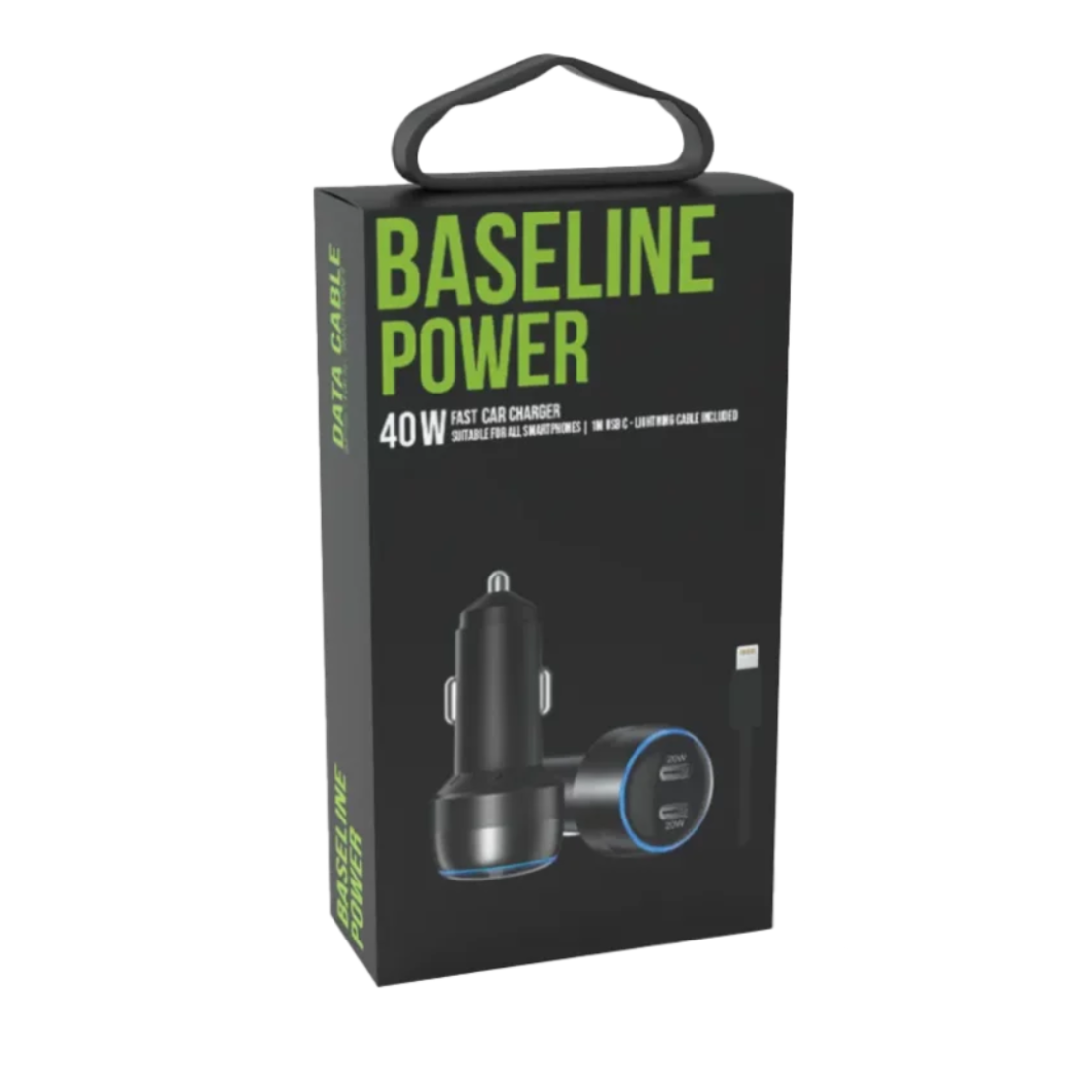 מטען לרכב בהספק 40W בייס ליין BASELINE 2XUSB-C + LIGHTNING CABLE