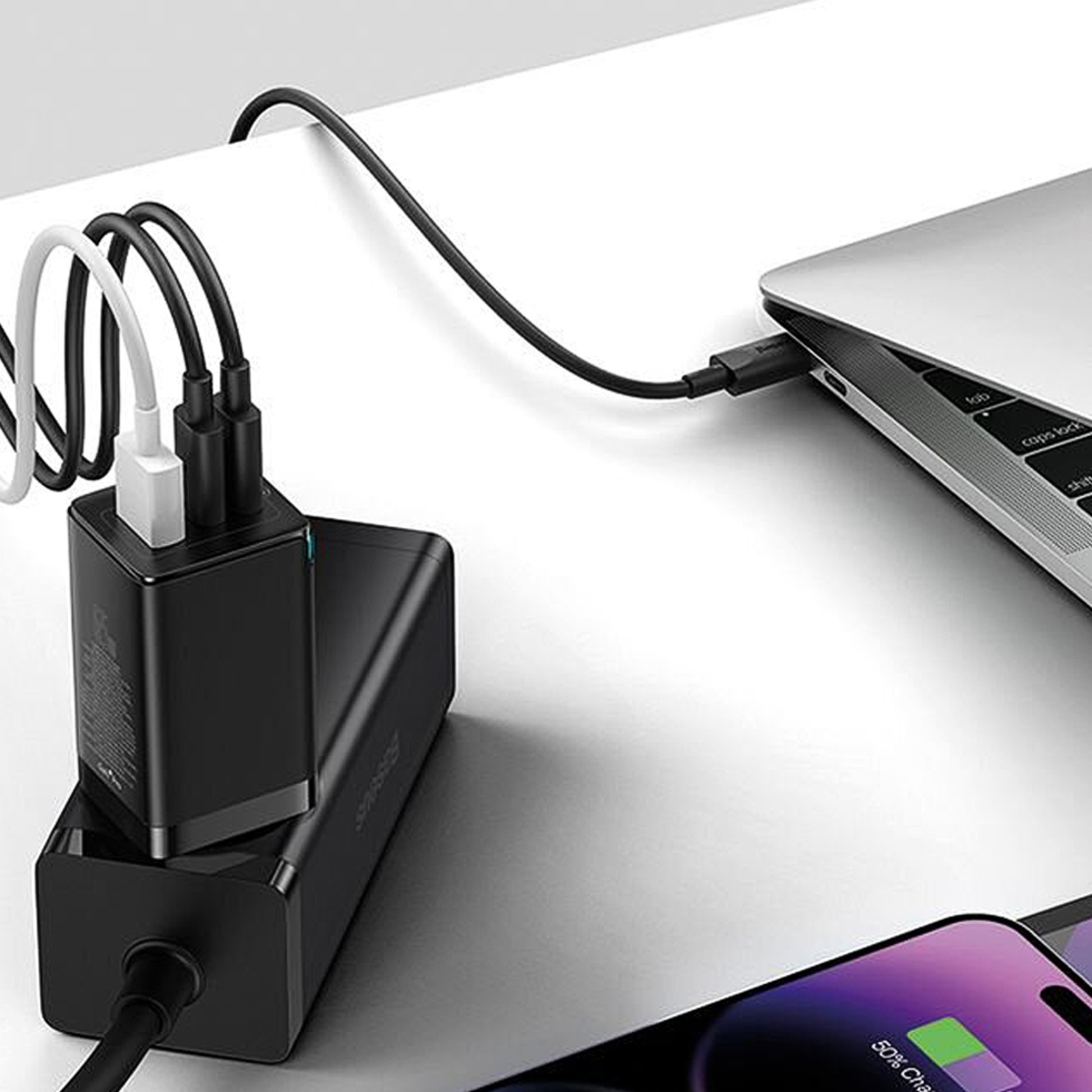 מטען קיר מהיר 2C+U 65W (כולל כבל C ל-C עד 100W) Baseus Gan5 Pro Fast Charger - יבואן רשמי!