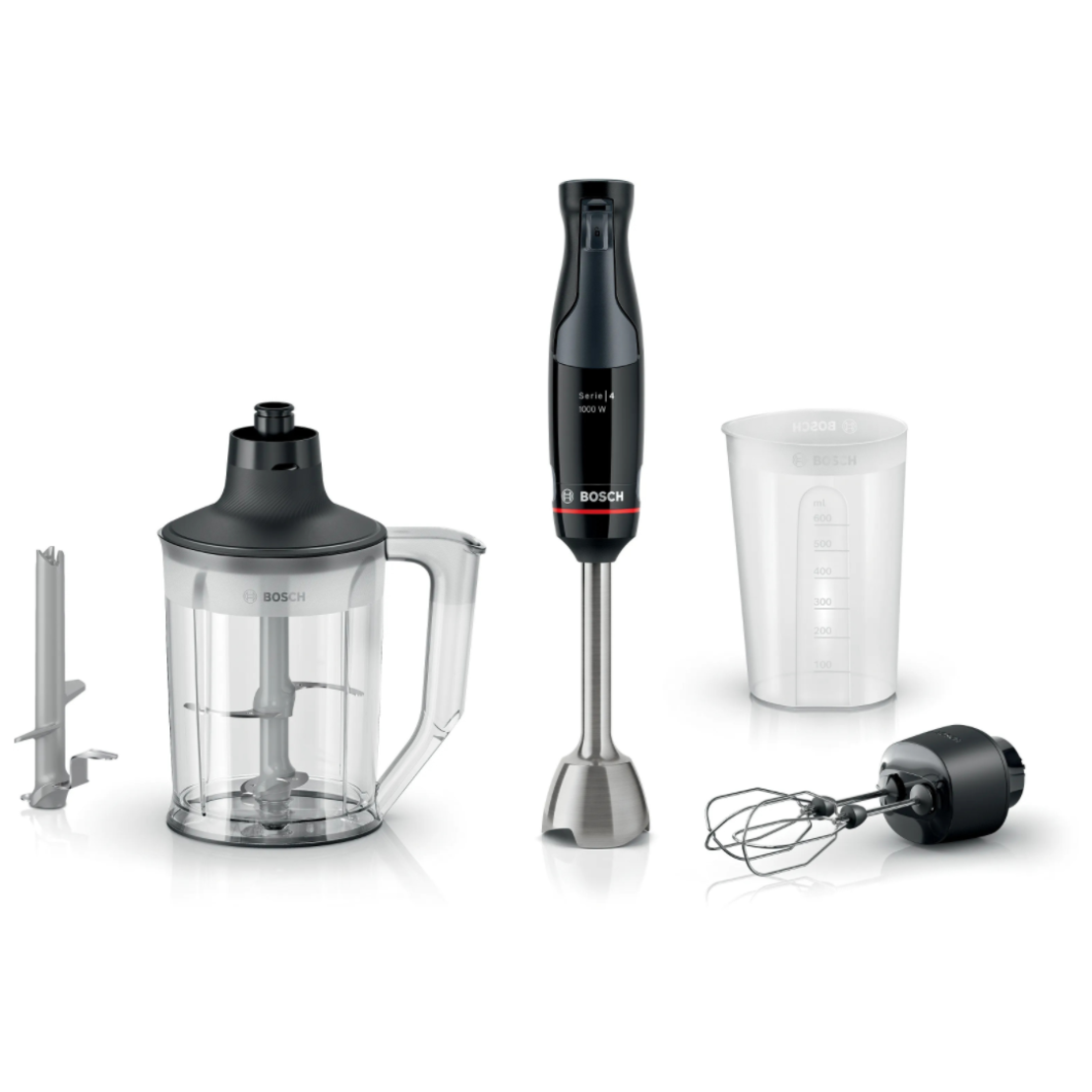 בלנדר מוט 1000W כולל מיכל קוצץ ומוט נירוסטה בוש BOSCH ErgoMaster Series 4 MSM4B654 - שנתיים אחריות יבואן רשמי - צבע שחור