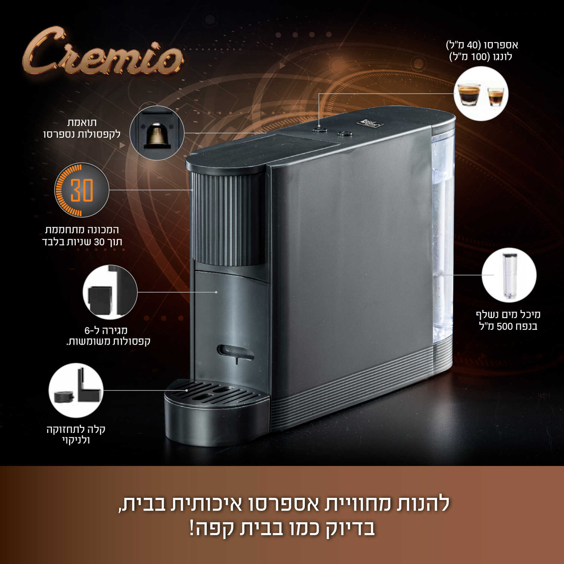 מכונת קפה תואמת קפסולות נספרסו NESPRESSO פוד אפיל Food appeal Cremio - יבואן רשמי - צבע שחור