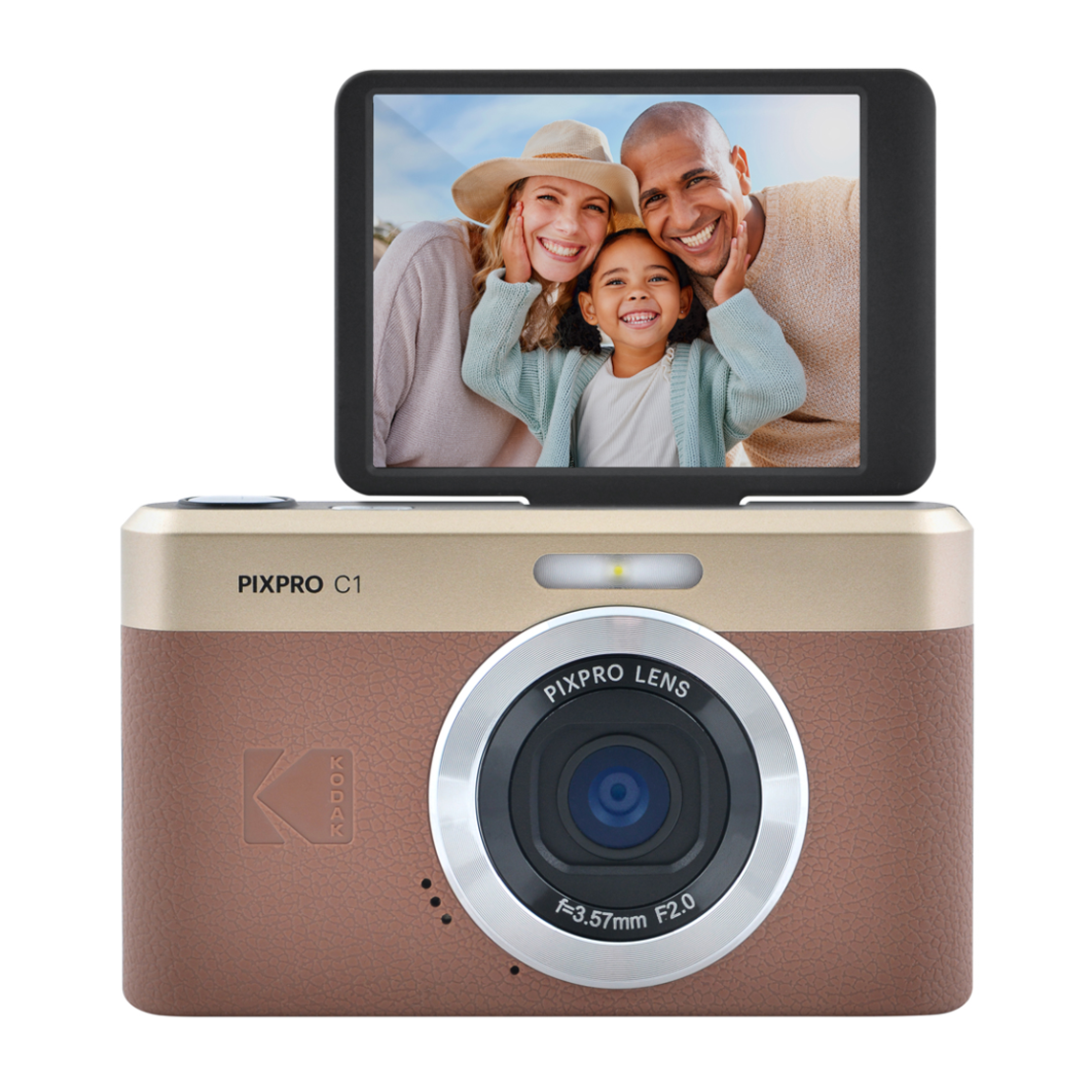 מצלמה דיגיטלית נטענת עם מסך מתהפך קודאק Kodak PIXPRO C1 - כולל כרטיס זיכרון 16GB וקורא כרטיס -  צבע חום