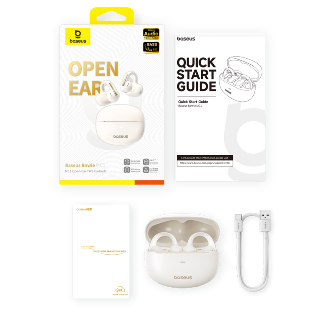 אוזניות אלחוטיות פתוחות בעיצוב קליפס בזוס Baseus Bowie MC1 - יבואן רשמי - צבע לבן
