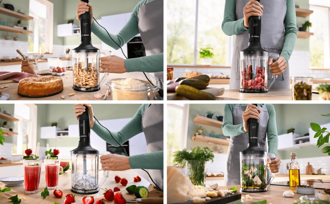 בלנדר מוט 1000W כולל מיכל קוצץ ומוט נירוסטה בוש BOSCH ErgoMaster Series 4 MSM4B654 - שנתיים אחריות יבואן רשמי - צבע שחור