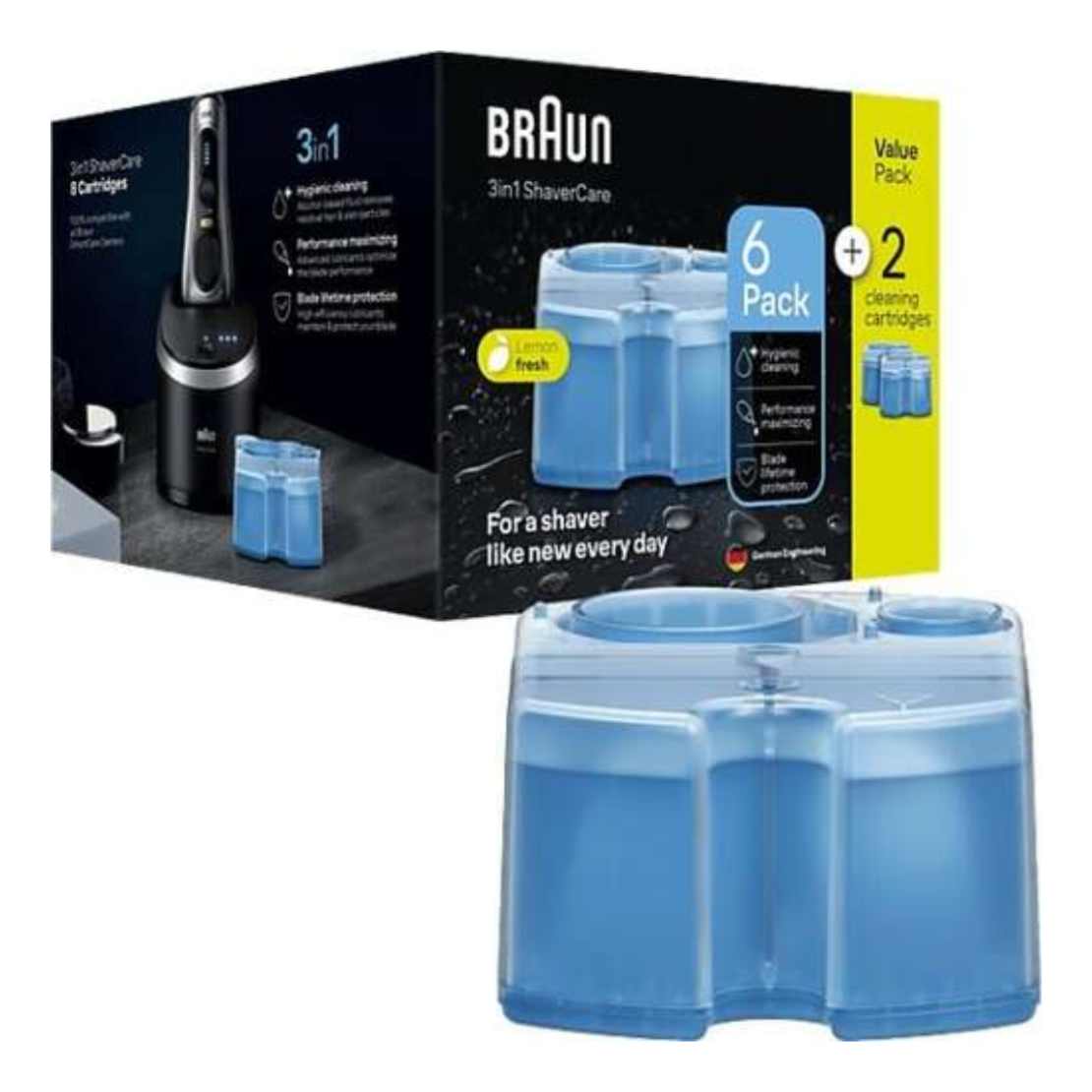 נוזל שטיפה למכונת גילוח בראון מארז 8 מחסניות Braun CCR6+2