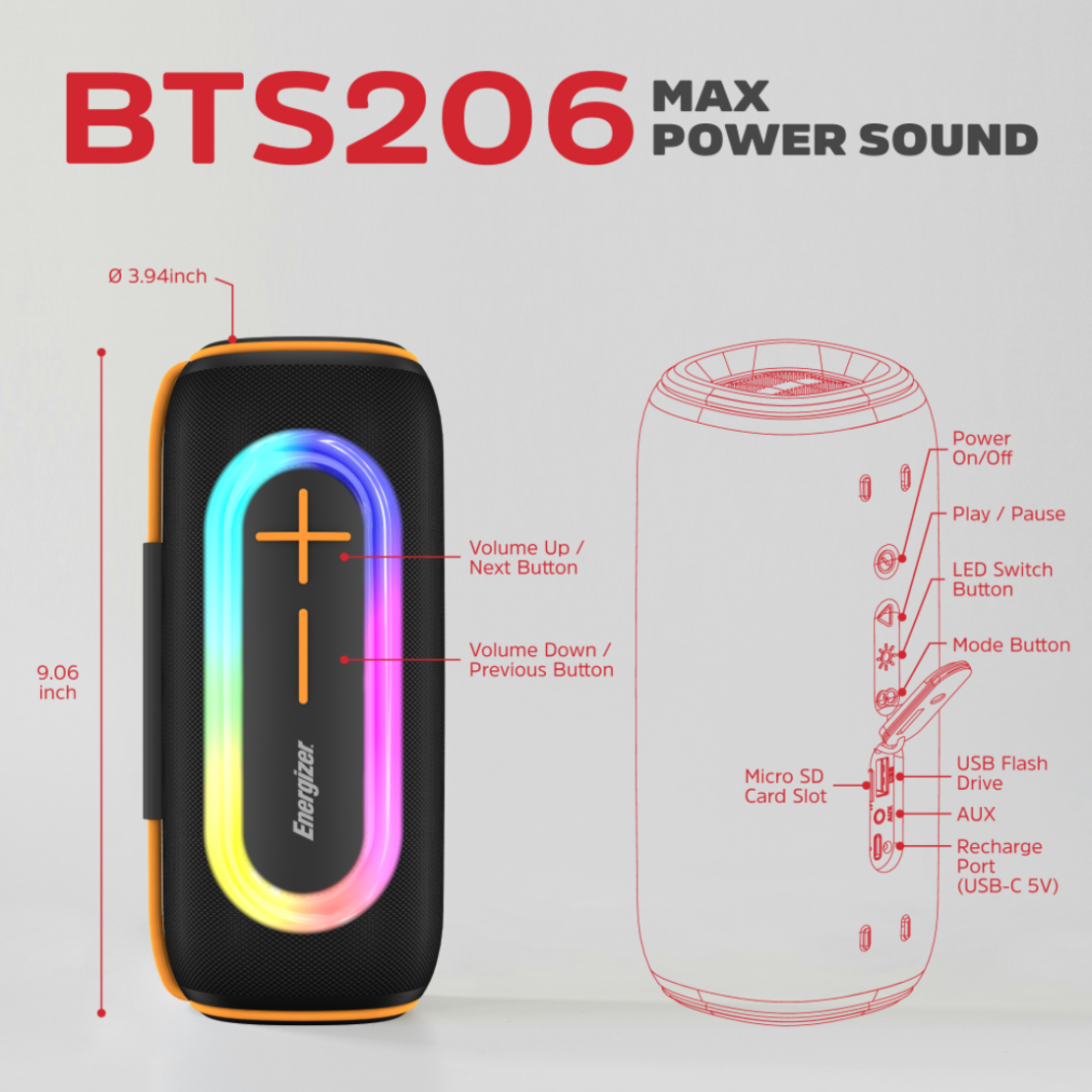 רמקול נייד אלחוטי משולב סוללת גיבוי עם חיבור USB אנרג'ייזר Energizer MAX BTS206 - יבואן רשמי