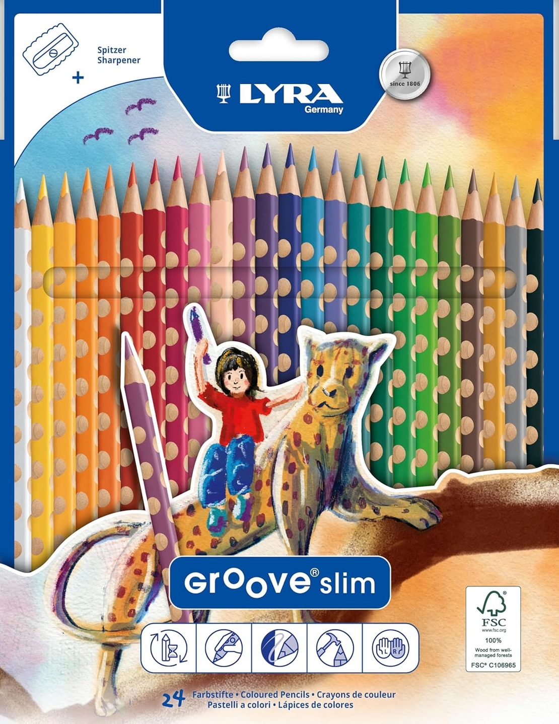 24 עפרונות צבעונים ודקים לאחיזה נכונה+ מחדד