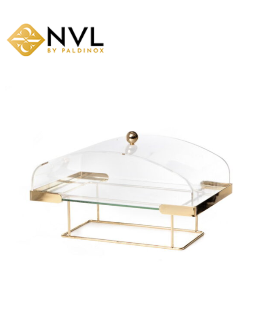 X5644 מגש זכוכית מלבני על סטנד זהב ופעמון אקרילי 34/22 גובה 20 ס