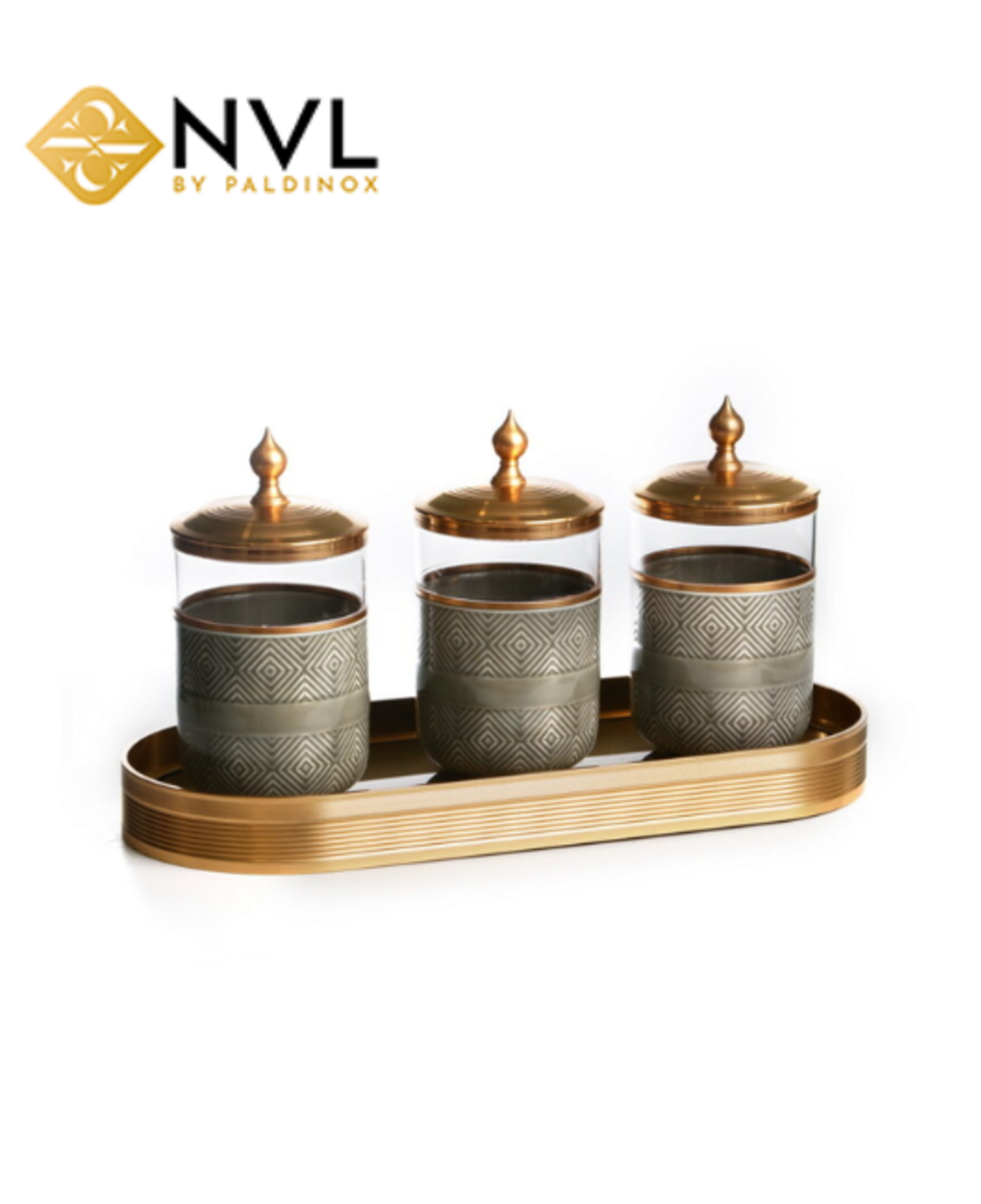 X5469A סט 3 צנצנות פורצלן וזכוכית/ על מגש אלו. ומכסה זהב ועיטור אפור 17/9 ס