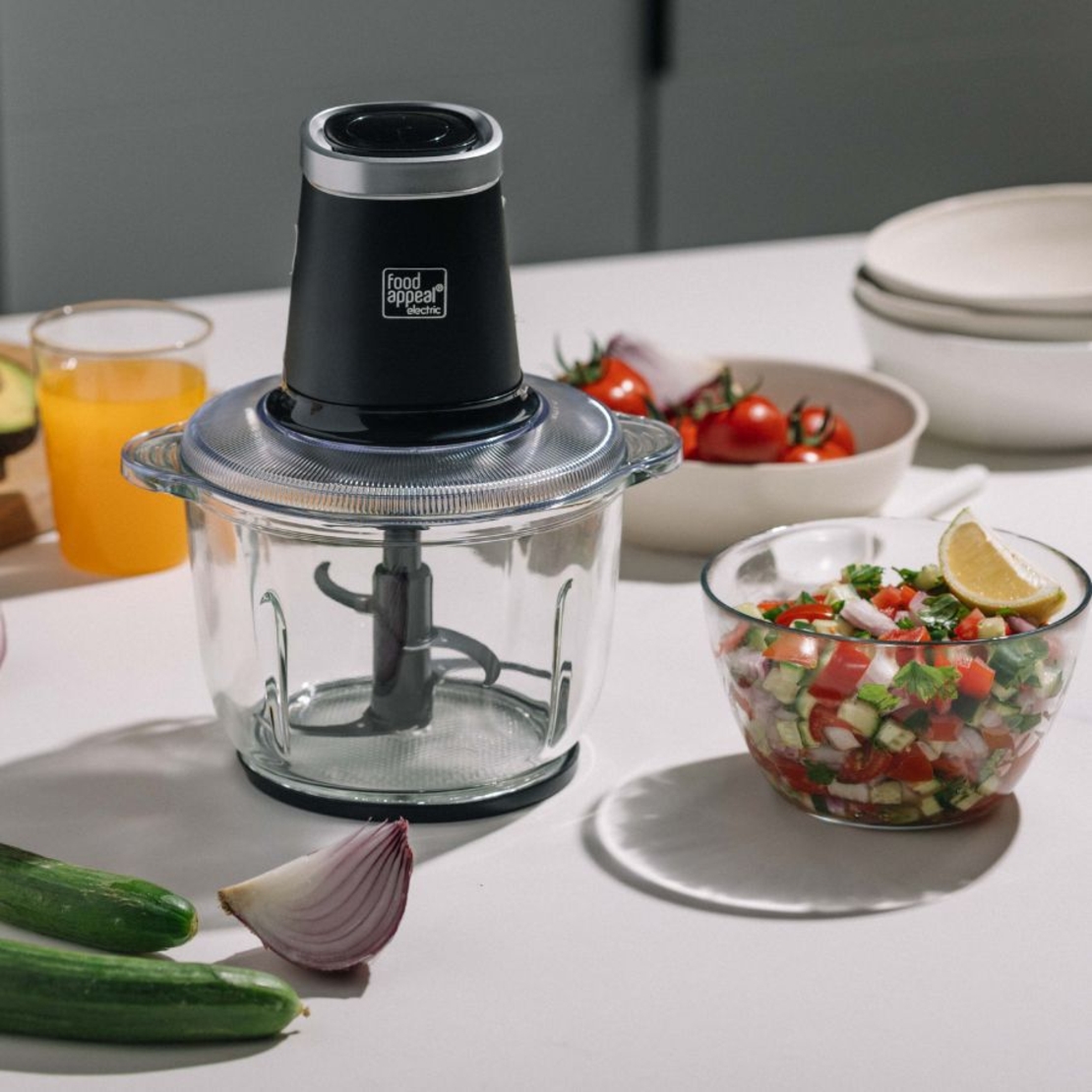 קוצץ ירקות חשמלי עוצמתי במיוחד 500W, מיכל זכוכית 2 ליטר | מבית Food appeal