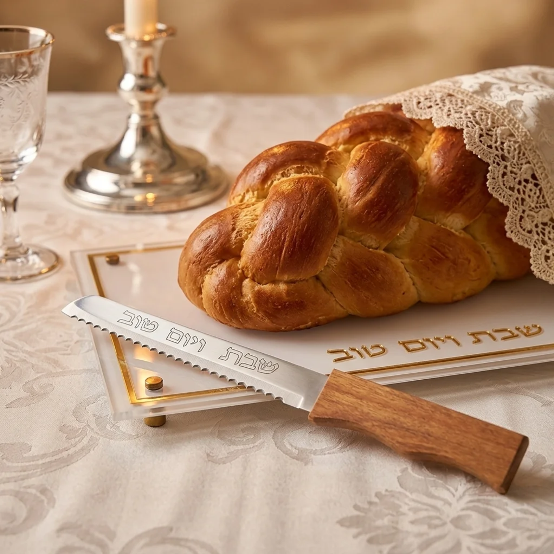 סט מגש חלה מהודר מעץ + סכין לחלה מעץ 