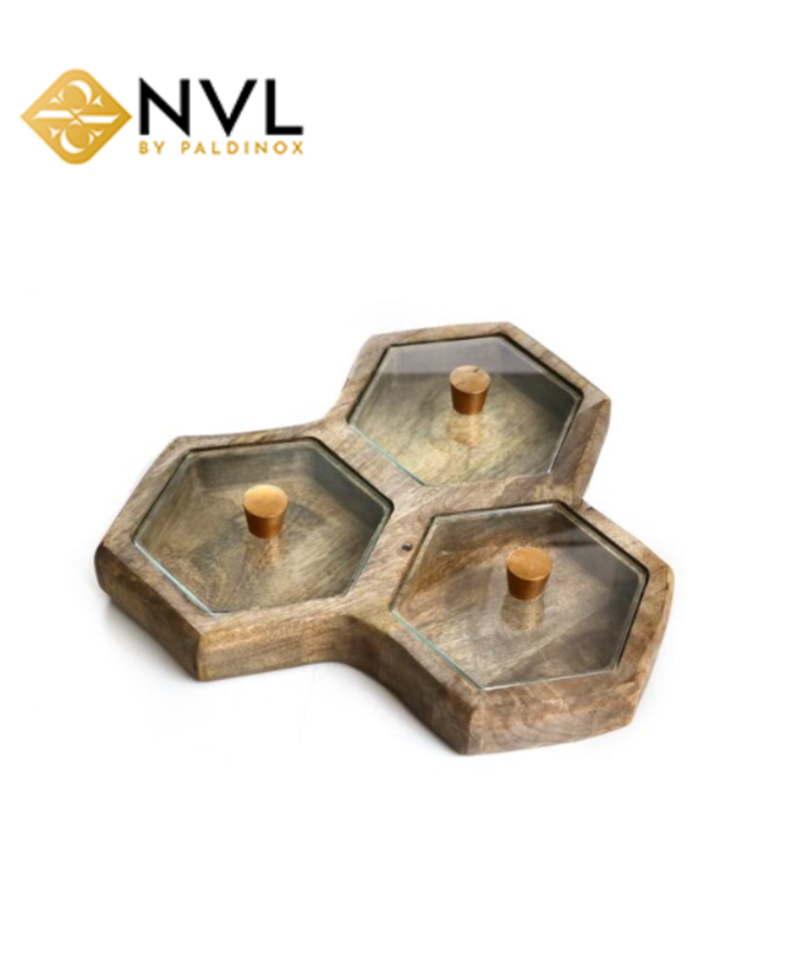 X5516K שלישיית מגשי עץ משושים מחוברים מכסי זכוכית 30/30 ס