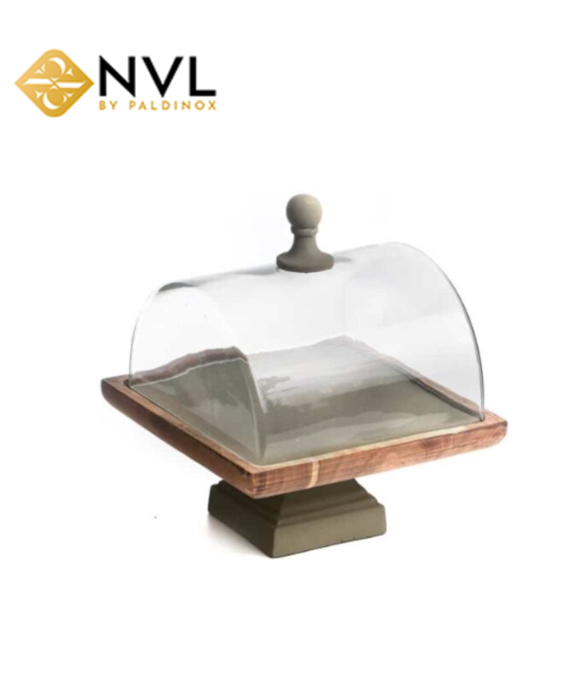 X5014A מגש מתכת מרובע על רגל אפור בסיס עץ טיבעי/ פעמון זכוכית שקוף 22/22 ס